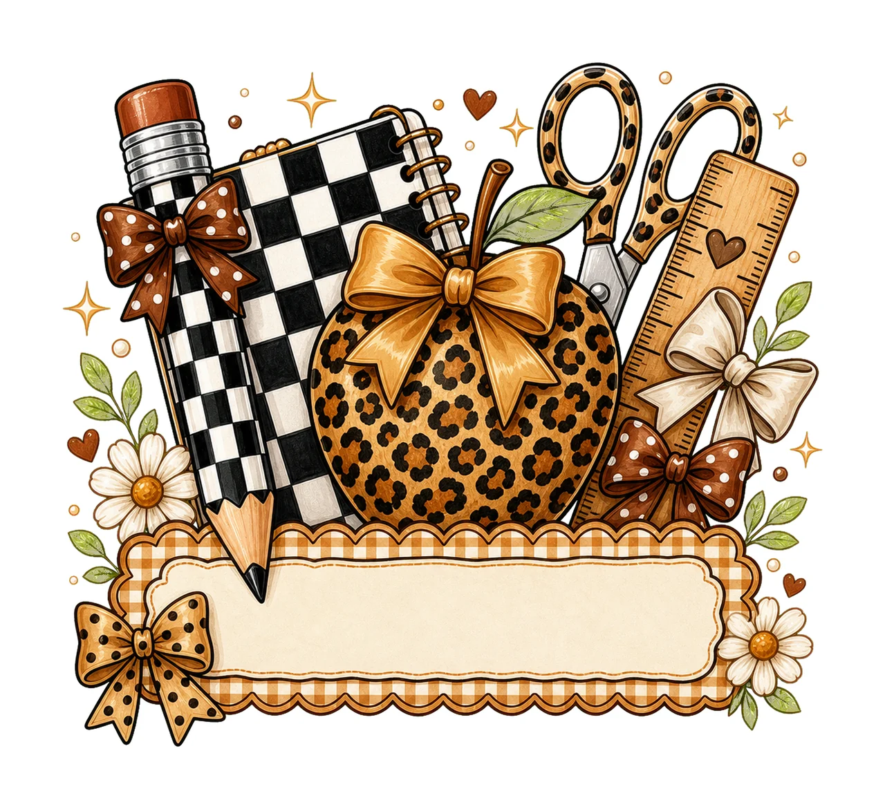 Stationery Arrangement With Apple And Pencil In Brown