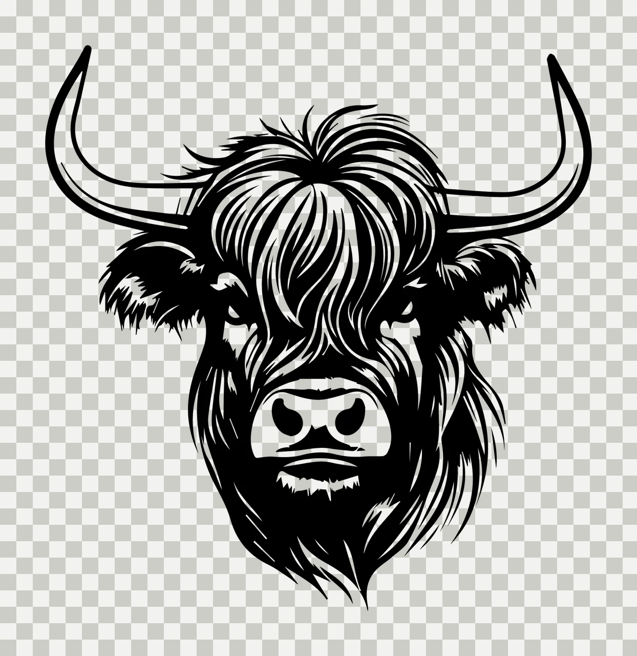Black And White Bull Head Illustration facing forward horns transparency and detail preview thumbnail