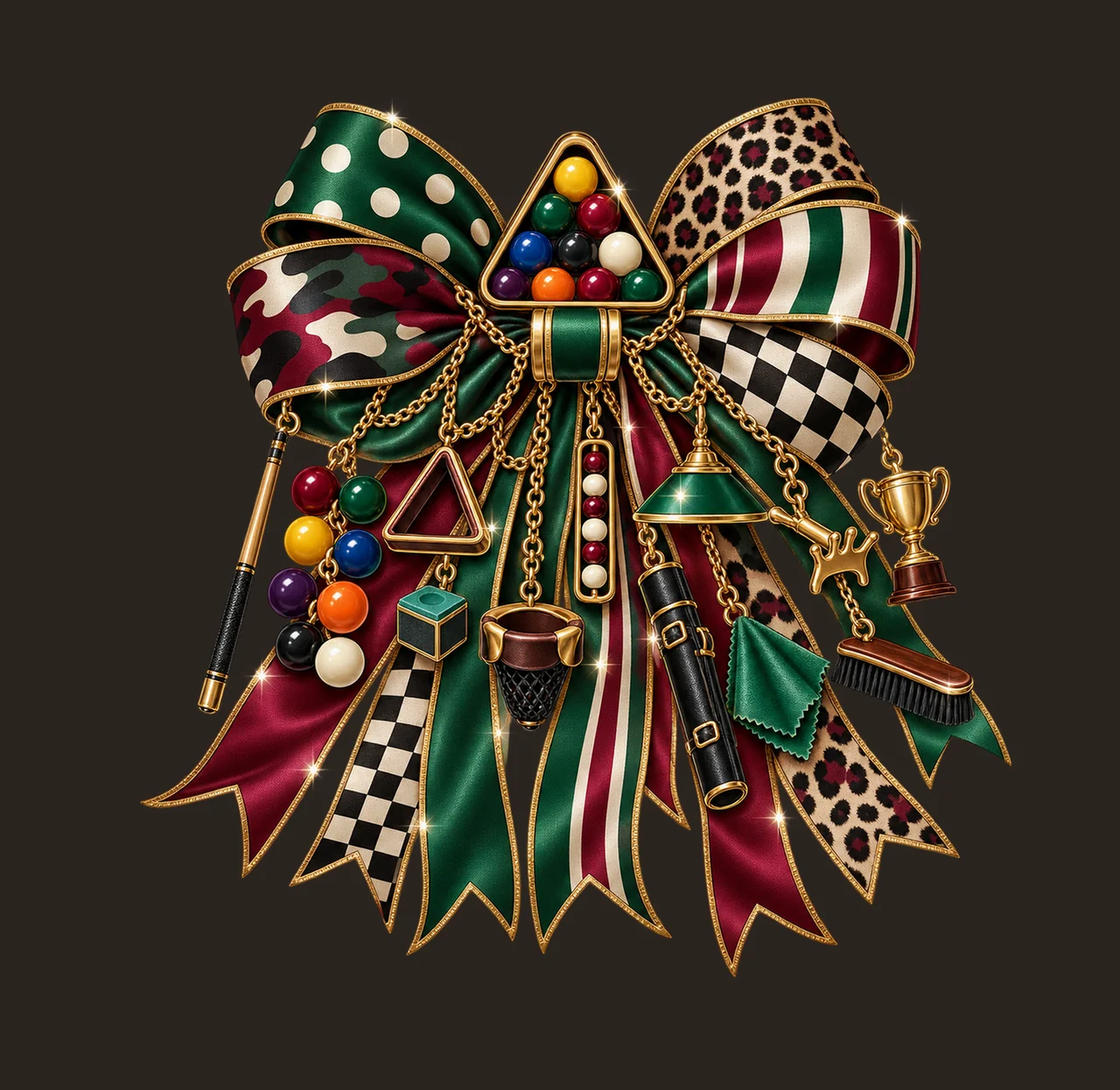 Billiards Pool Player Bow Charm PNG, Themed Gold Chain Charms, Coquette Ribbon Sublimation Design, Transparent Digital Download contrast preview thumbnail