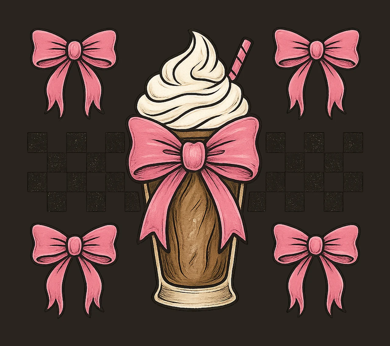 Love of Coffee Trendy Coffee Bow Pink Checkered Frappe Iced contrast preview thumbnail