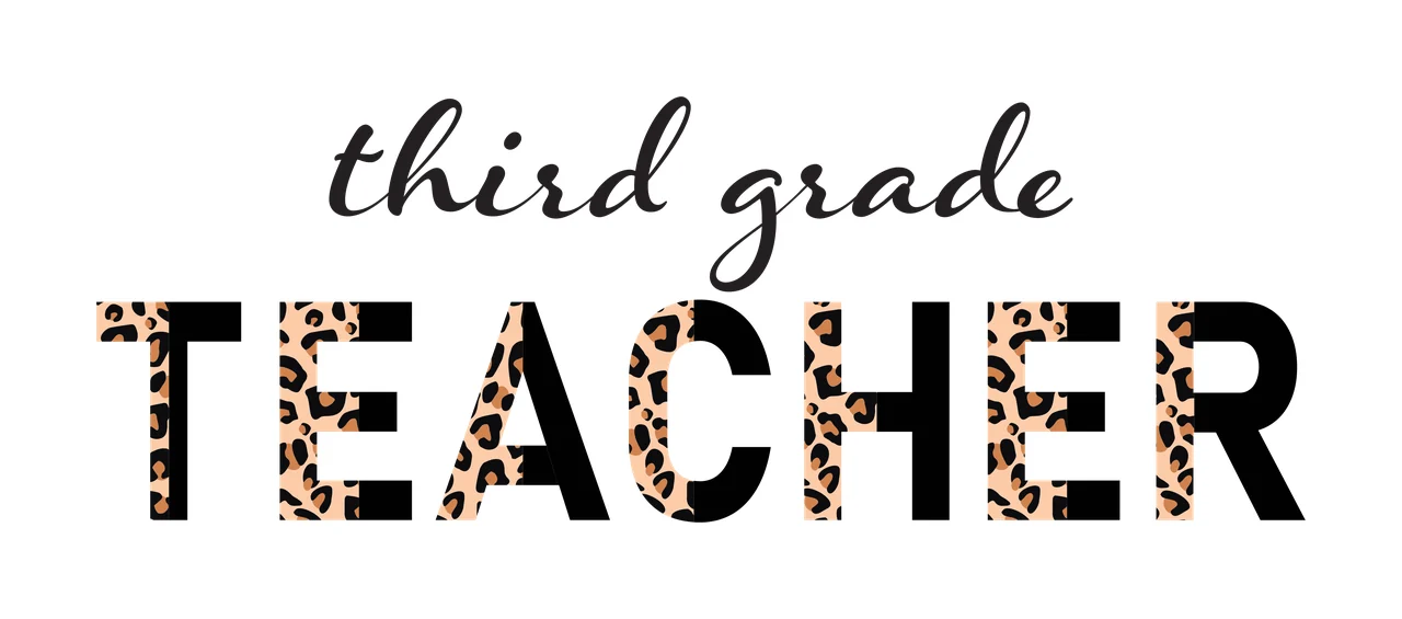 Third grade TEACHER Typography Design with cursive text, split block letters and leopard spots in black, tan and brown