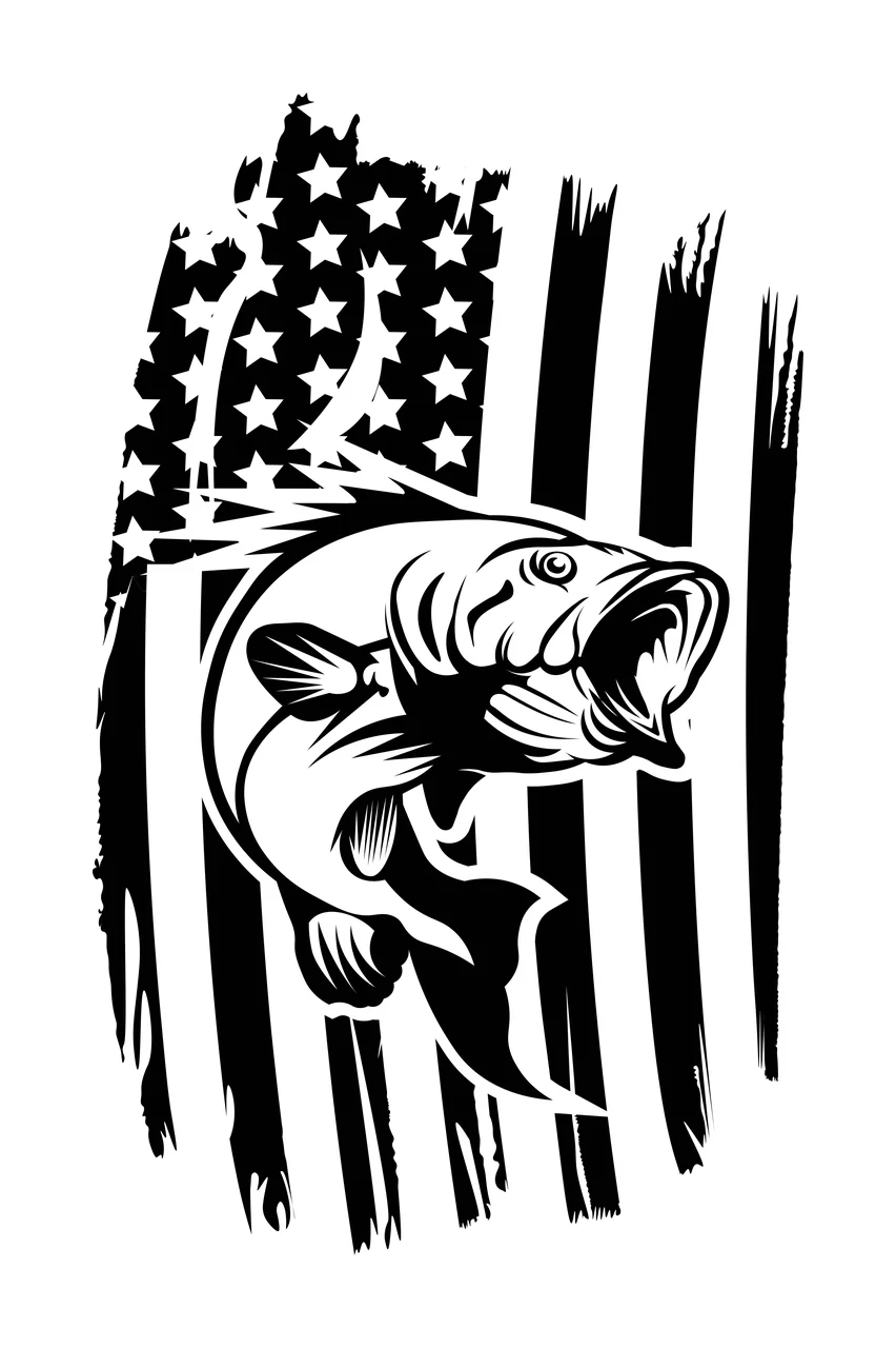Leaping Fish American Flag Silhouette and Stars Stripes Distressed