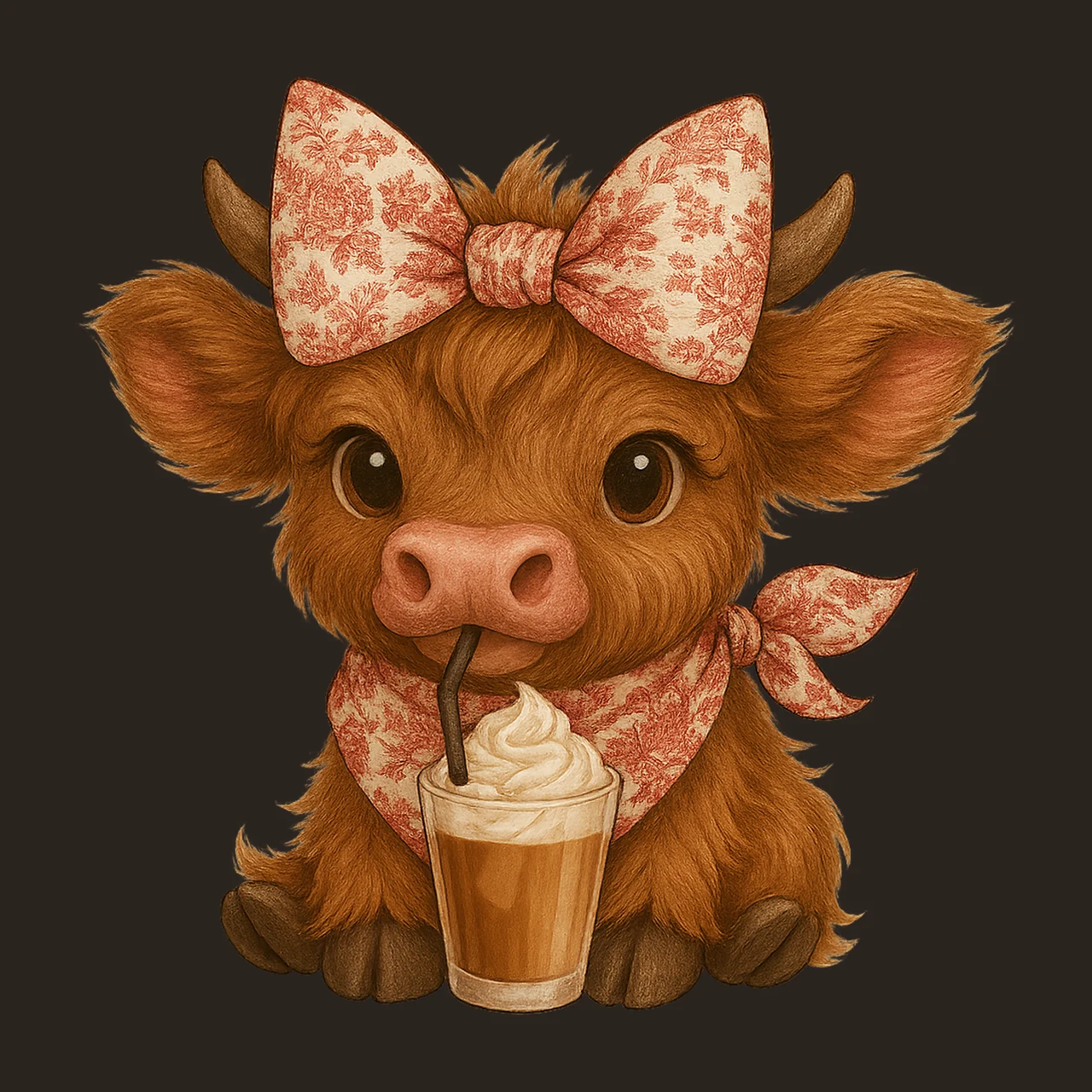 Coffee Addict Highland Cow Red Toile Floral Bow Highland Cow contrast preview thumbnail