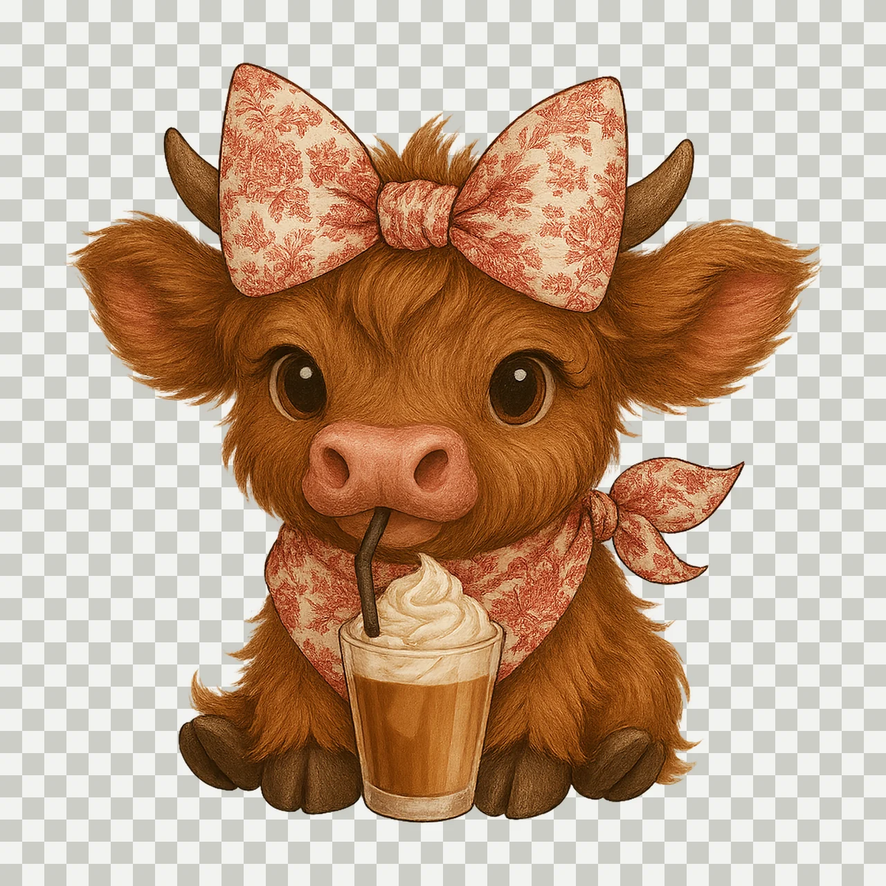 Coffee Addict Highland Cow Red Toile Floral Bow Highland Cow transparency and detail preview thumbnail