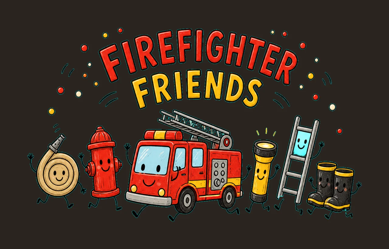 1 Firefighter Doodle PNG, Smiling Rescue Characters Retro Sublimation Design, Firefighter Friends Truck Lineup Shirt Clipart PNG Download contrast preview thumbnail