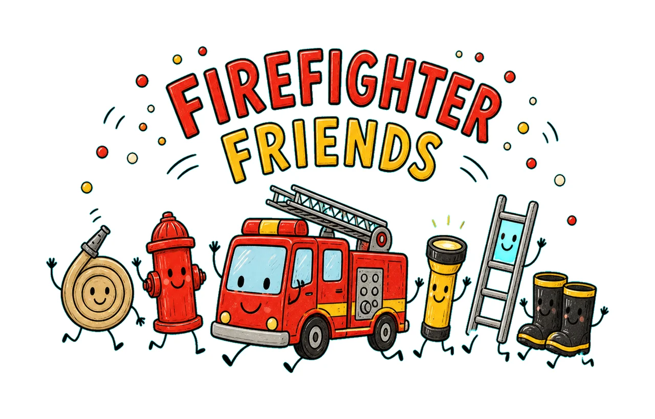 1 Firefighter Doodle PNG, Smiling Rescue Characters Retro Sublimation Design, Firefighter Friends Truck Lineup Shirt Clipart PNG Download