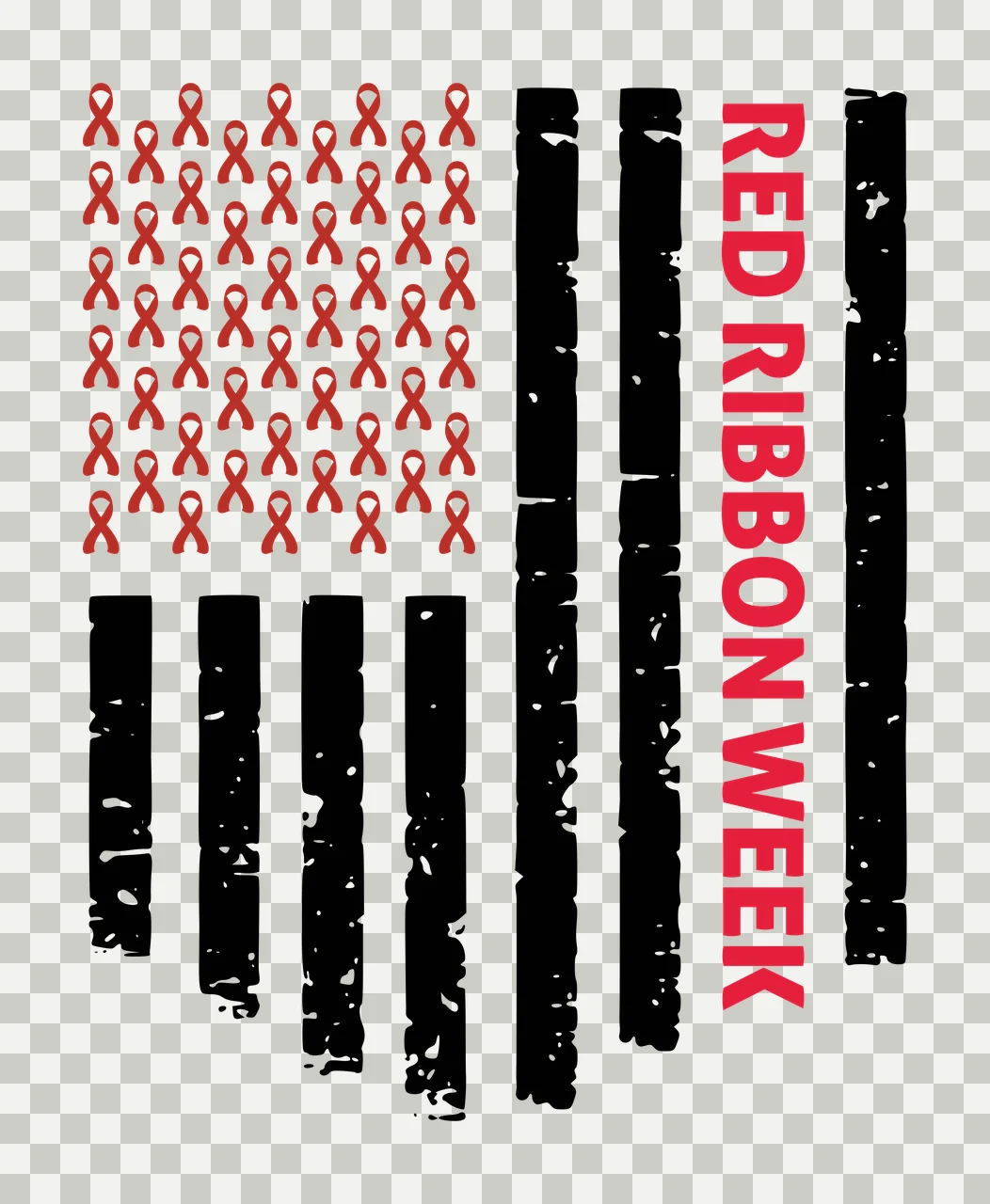 RED RIBBON WEEK Typography Design with red ribbons, black vertical stripes and text 'RED RIBBON WEEK' in white transparency and detail preview thumbnail