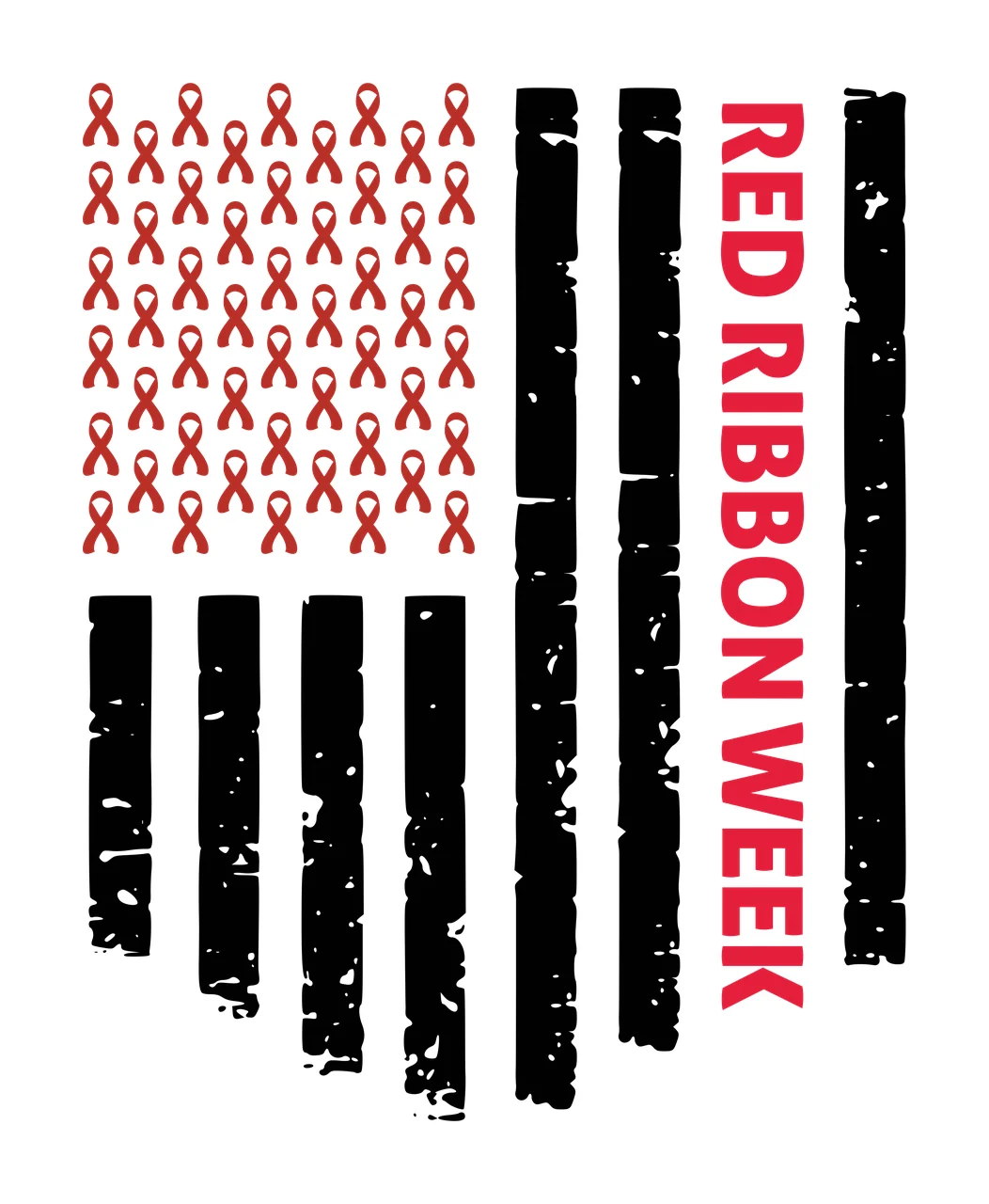 RED RIBBON WEEK Typography Design with red ribbons, black vertical stripes and text 'RED RIBBON WEEK' in white