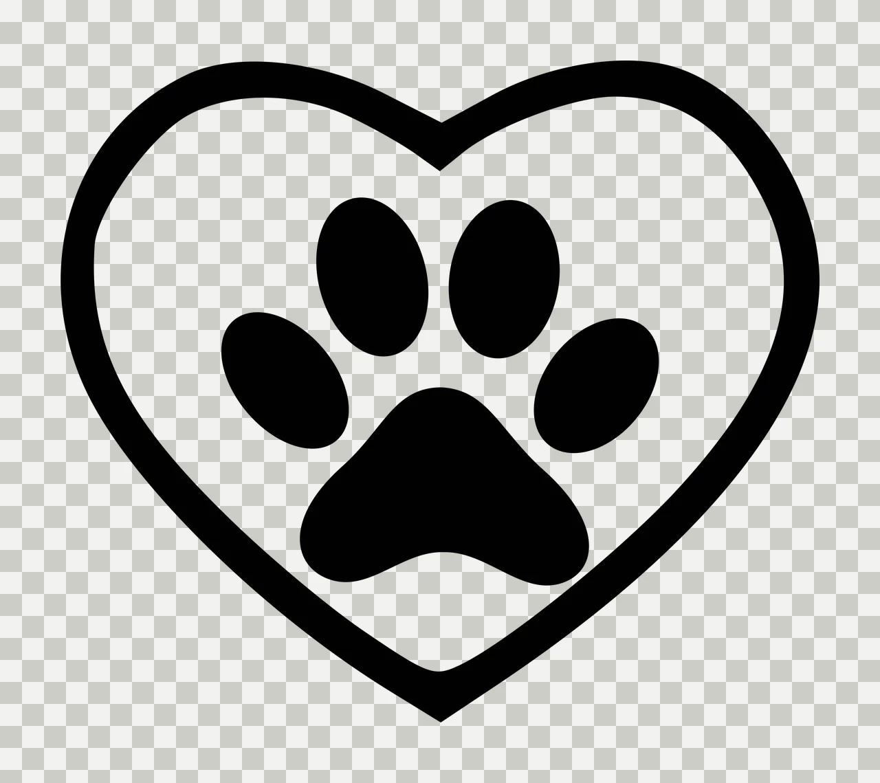 Line Art Illustration of Heart-shaped outline with paw print inside with black heart outline and black paw print with four pads in white transparency and detail preview thumbnail