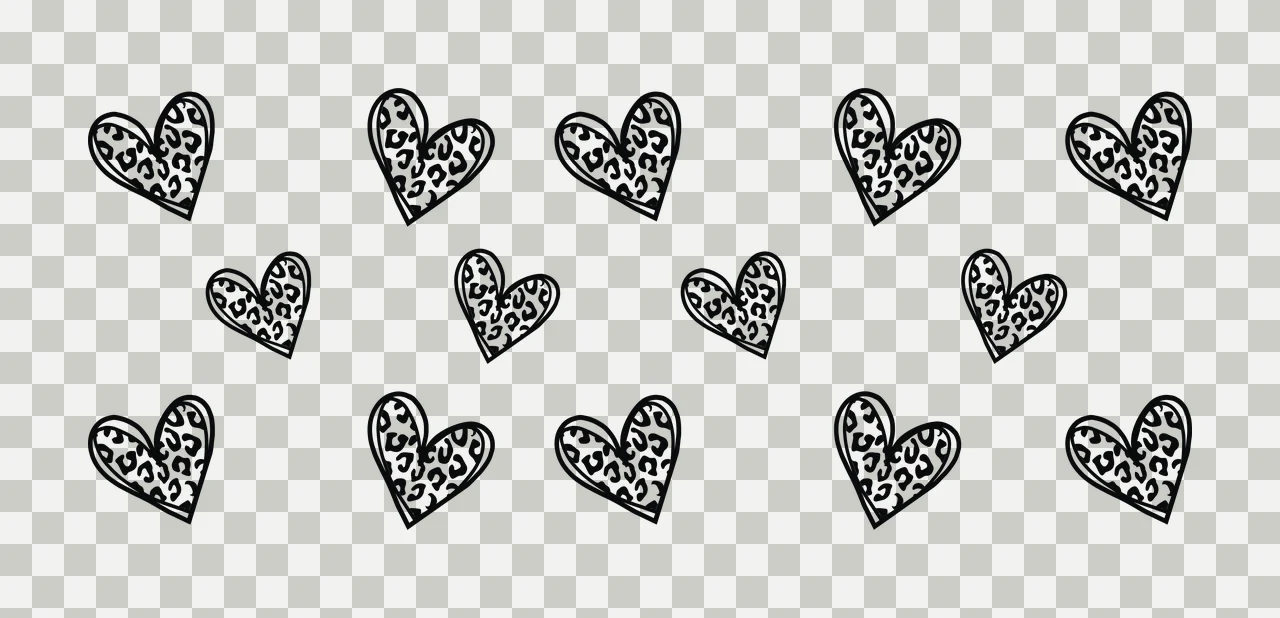 Line Art Illustration of Leopard-print heart shapes arranged in a scattered pattern with black outline and white background transparency and detail preview thumbnail