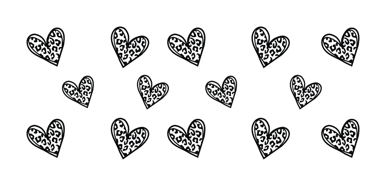 Line Art Illustration of Leopard-print heart shapes arranged in a scattered pattern with black outline and white background