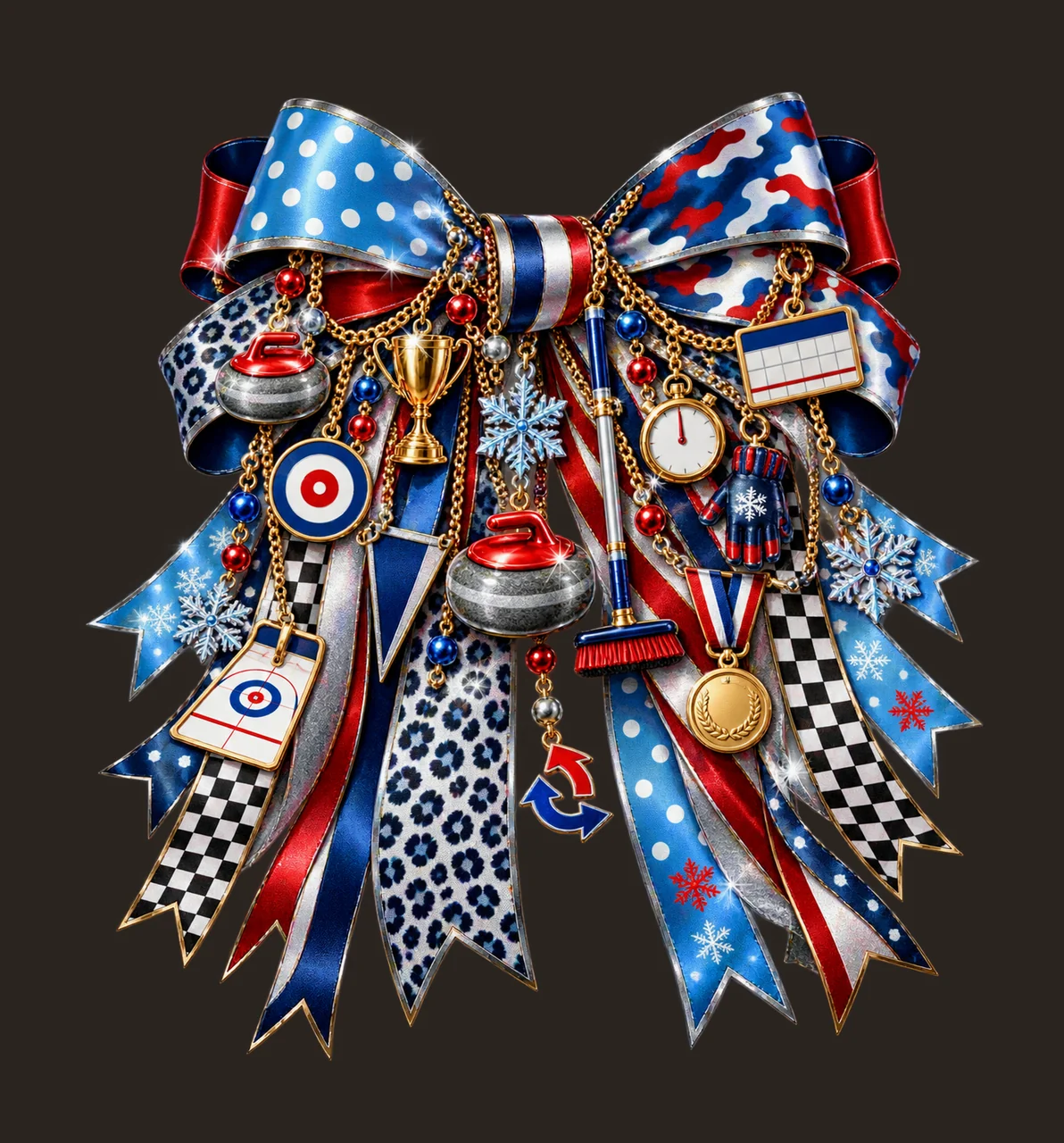 Curling Sport Bow Charm PNG, Curling Stones Broom Target and Trophy Charms, Winter Team Sublimation Design, Transparent Download contrast preview thumbnail