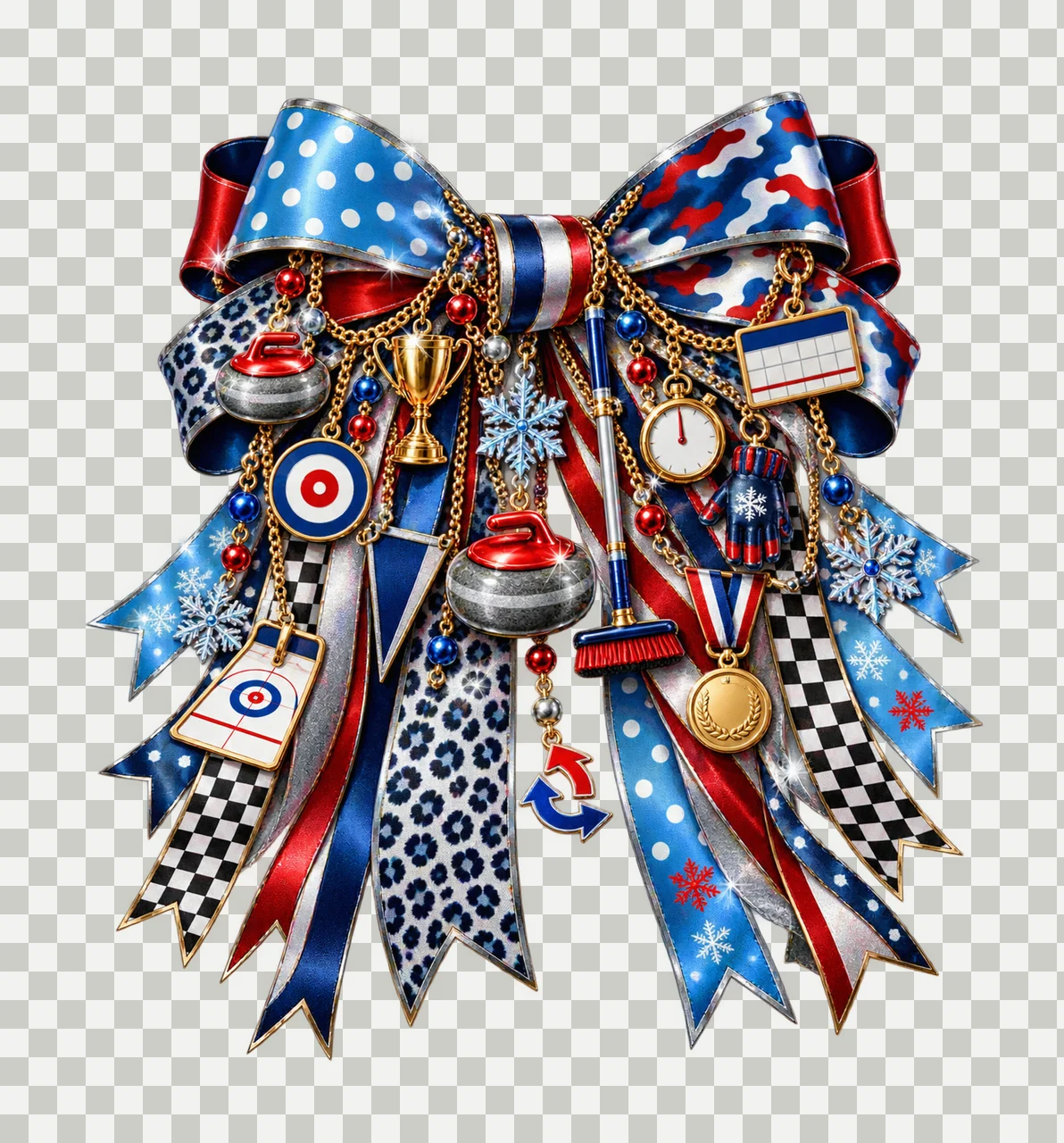 Curling Sport Bow Charm PNG, Curling Stones Broom Target and Trophy Charms, Winter Team Sublimation Design, Transparent Download transparency and detail preview thumbnail