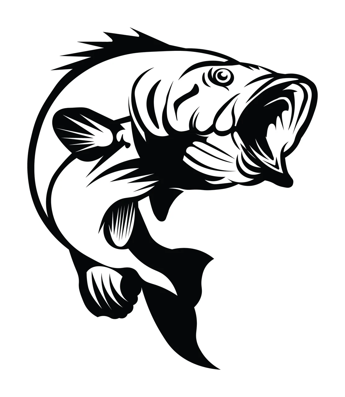 Fish Jumping With Open Mouth Fins Tail Scales Black White Plain