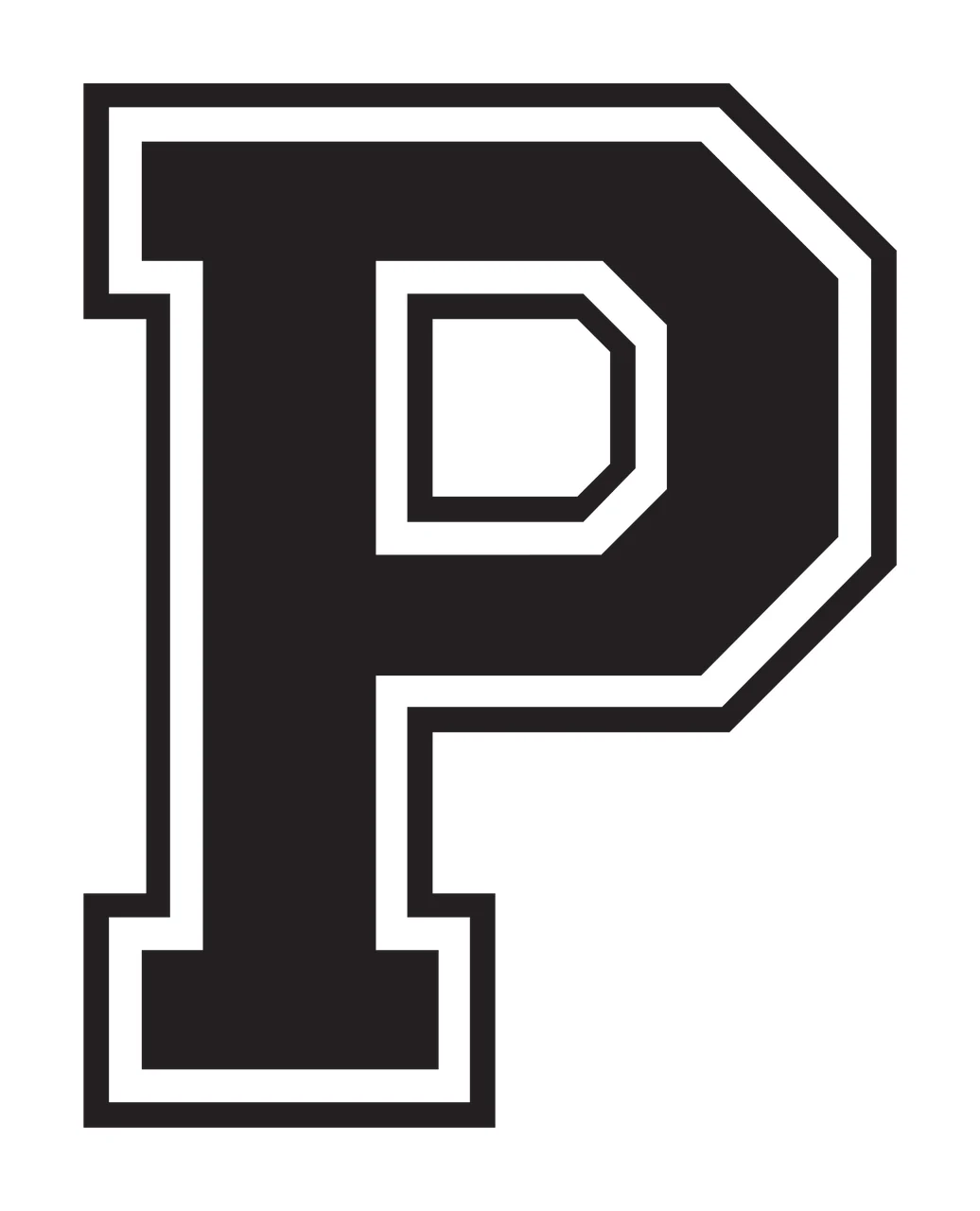 P Letter Design with block outline, inner border and outer outline in black and white