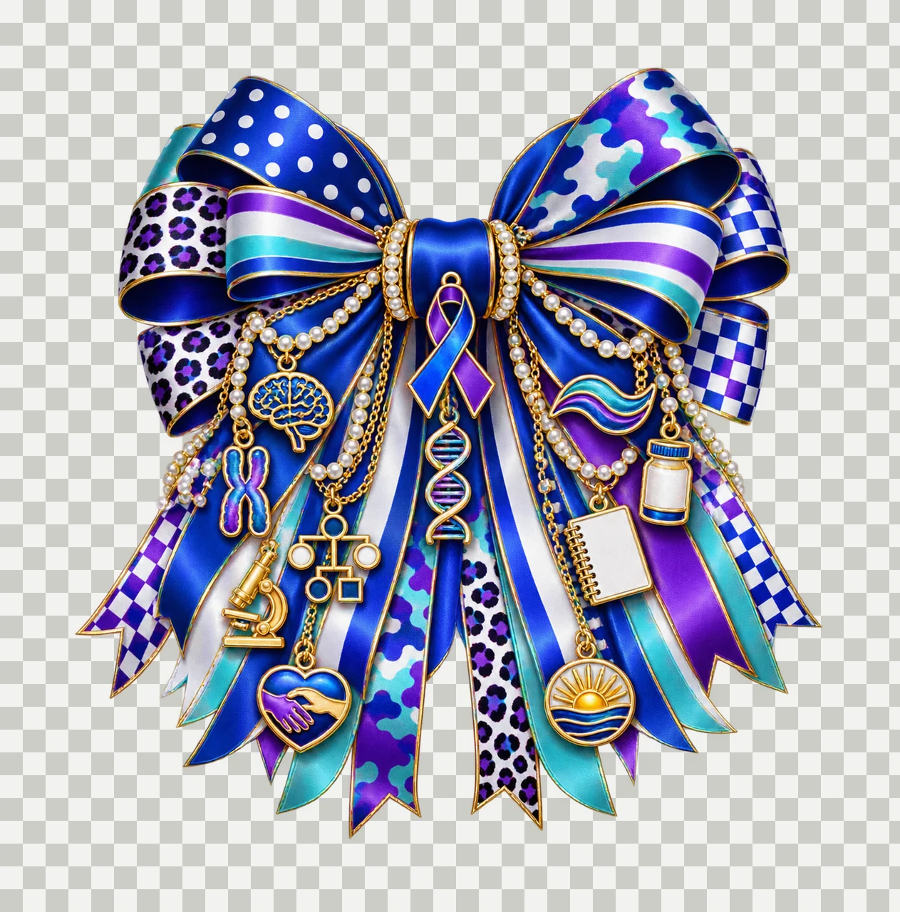 Huntington's Disease Awareness Bow Charm PNG, Gold Chain Charms, Transparent Sublimation Design, Digital Download transparency and detail preview thumbnail