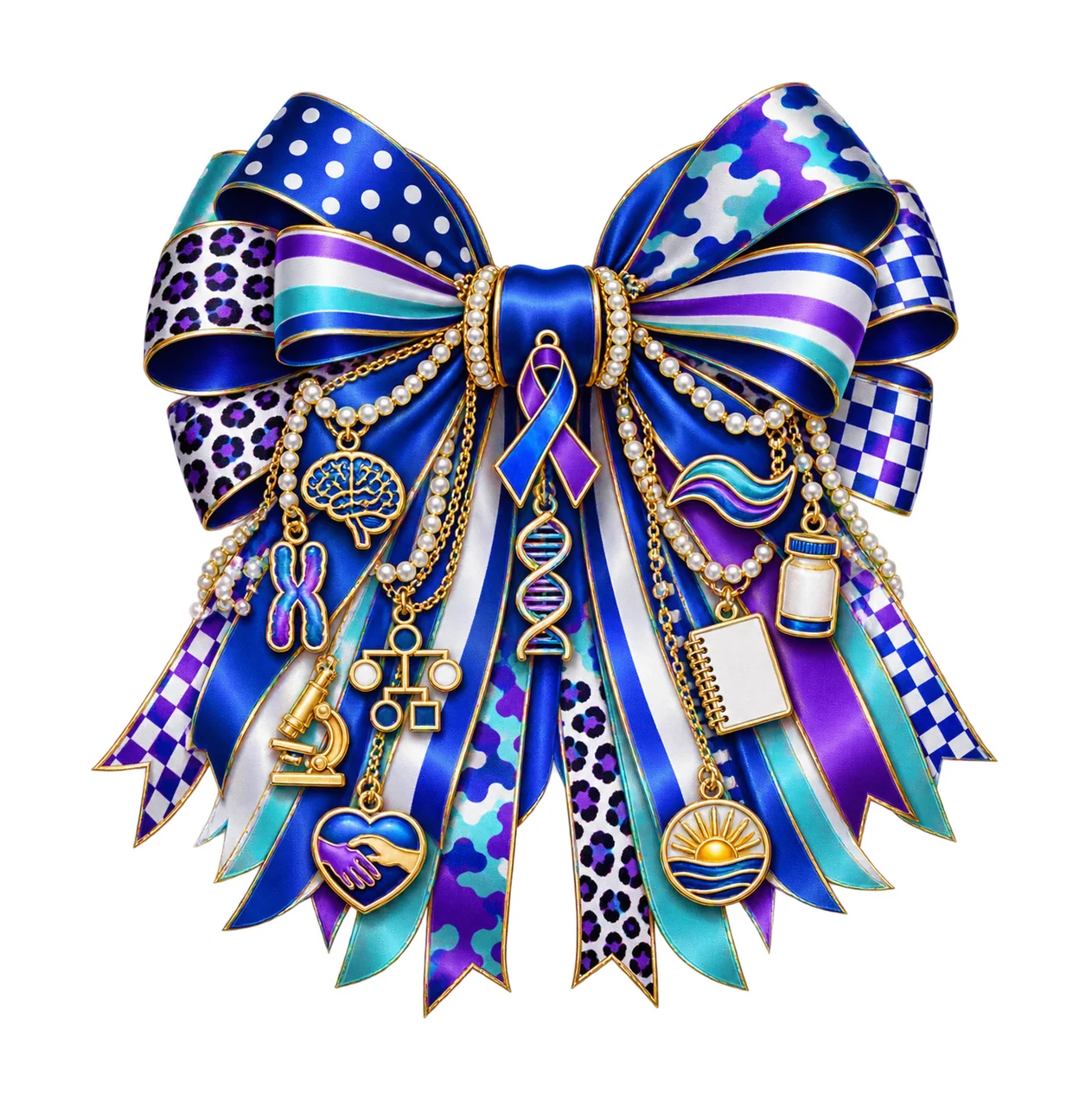 Huntington's Disease Awareness Bow Charm PNG, Gold Chain Charms, Transparent Sublimation Design, Digital Download