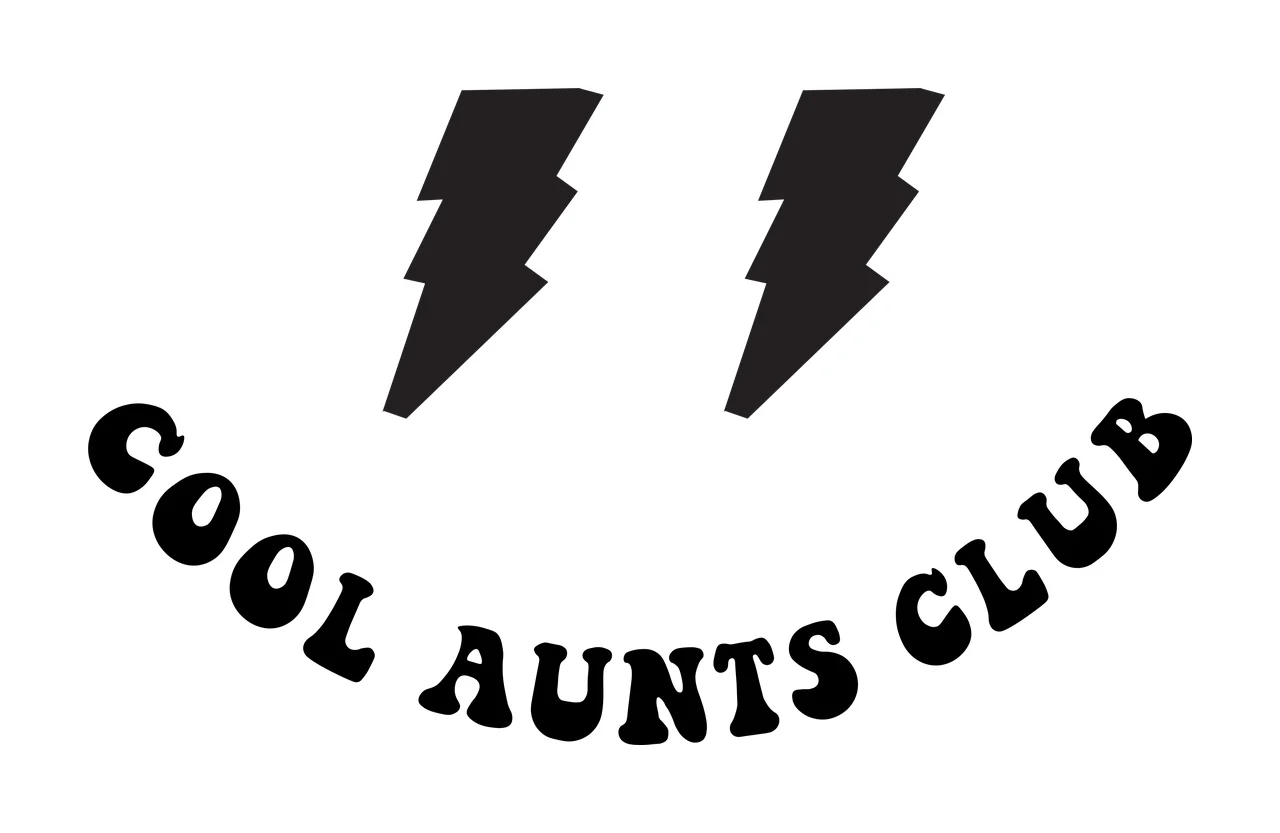 COOL AUNTS CLUB Typography Design with two black lightning bolts and black arched text in white