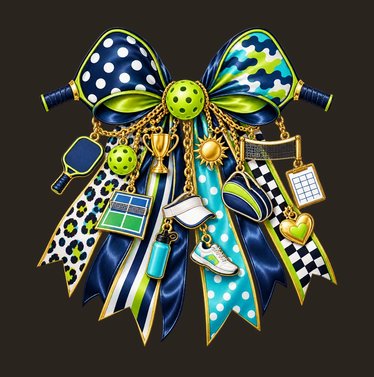Pickleball Mom Bow Charm PNG, Themed Gold Chain Charms, Coquette Ribbon Sublimation Design, Transparent Digital Download contrast preview thumbnail
