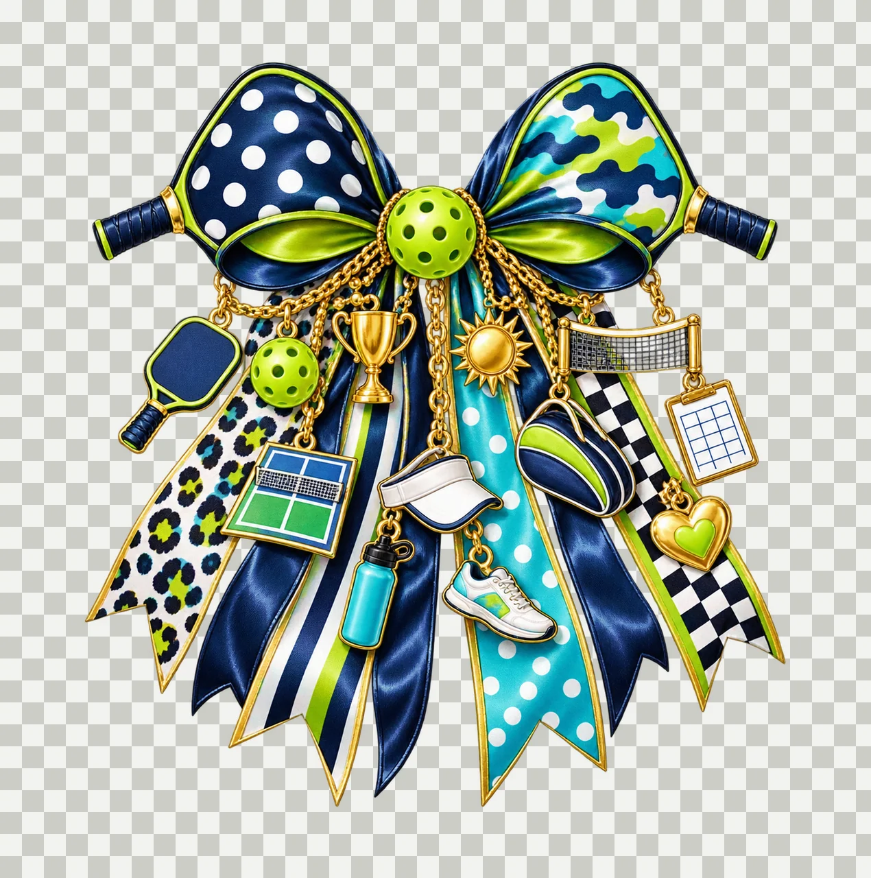 Pickleball Mom Bow Charm PNG, Themed Gold Chain Charms, Coquette Ribbon Sublimation Design, Transparent Digital Download transparency and detail preview thumbnail