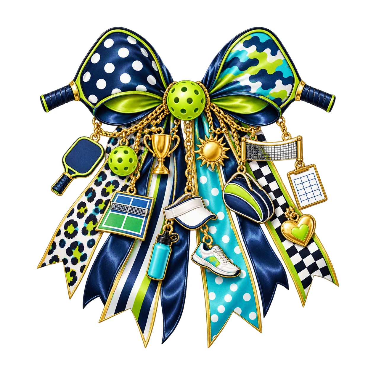 Pickleball Mom Bow Charm PNG, Themed Gold Chain Charms, Coquette Ribbon Sublimation Design, Transparent Digital Download