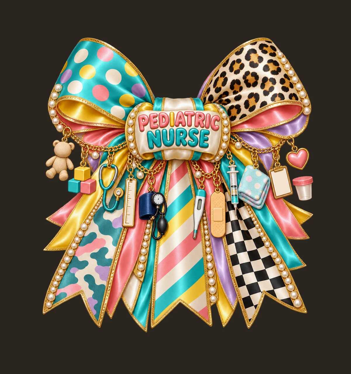 Pediatric Nurse Bow Charm PNG, Gold Chain Charms, Transparent Sublimation Design, Digital Download contrast preview thumbnail