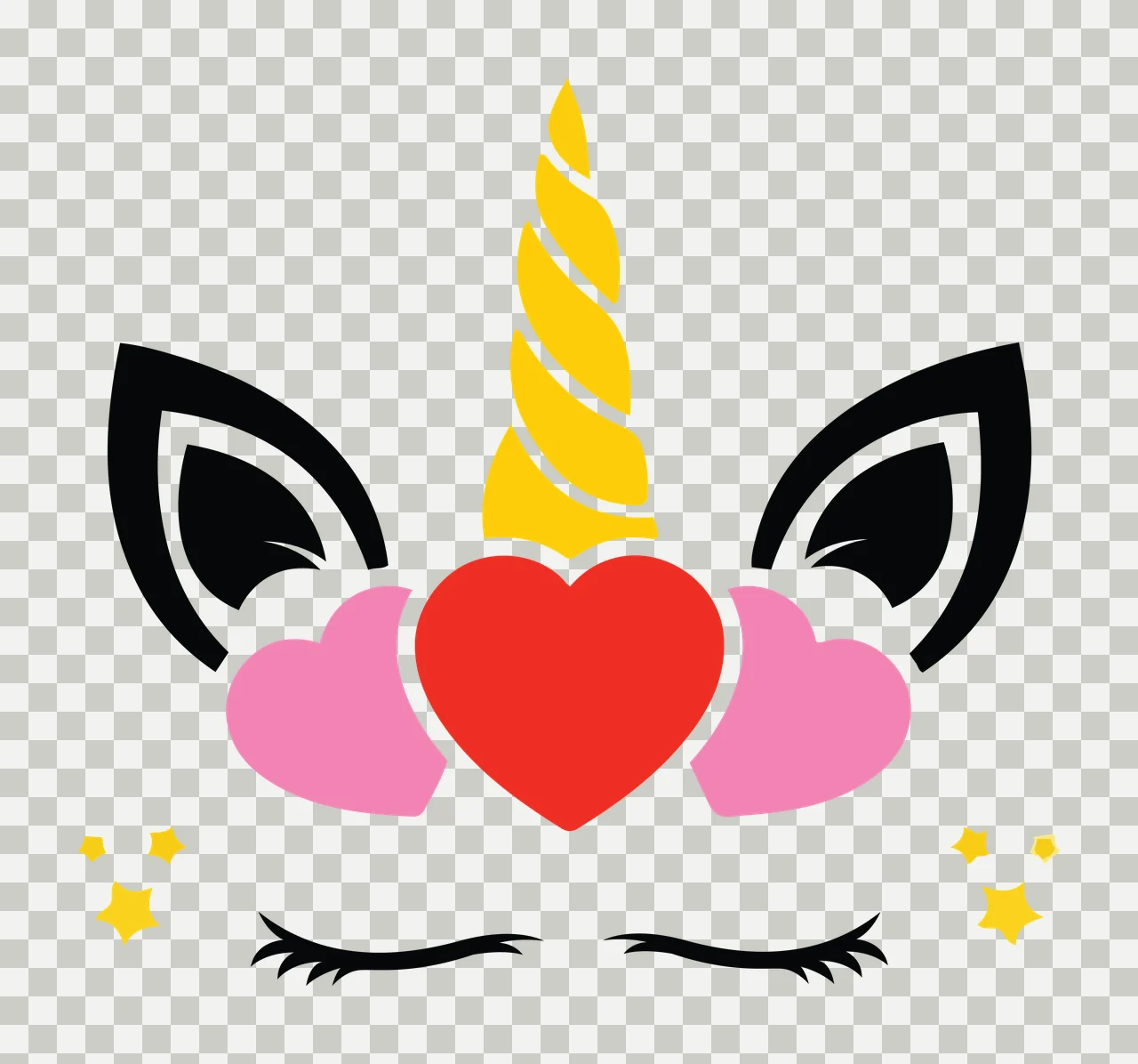 Unicorn Black Silhouette With Heart Ears And Closed horn hearts transparency and detail preview thumbnail