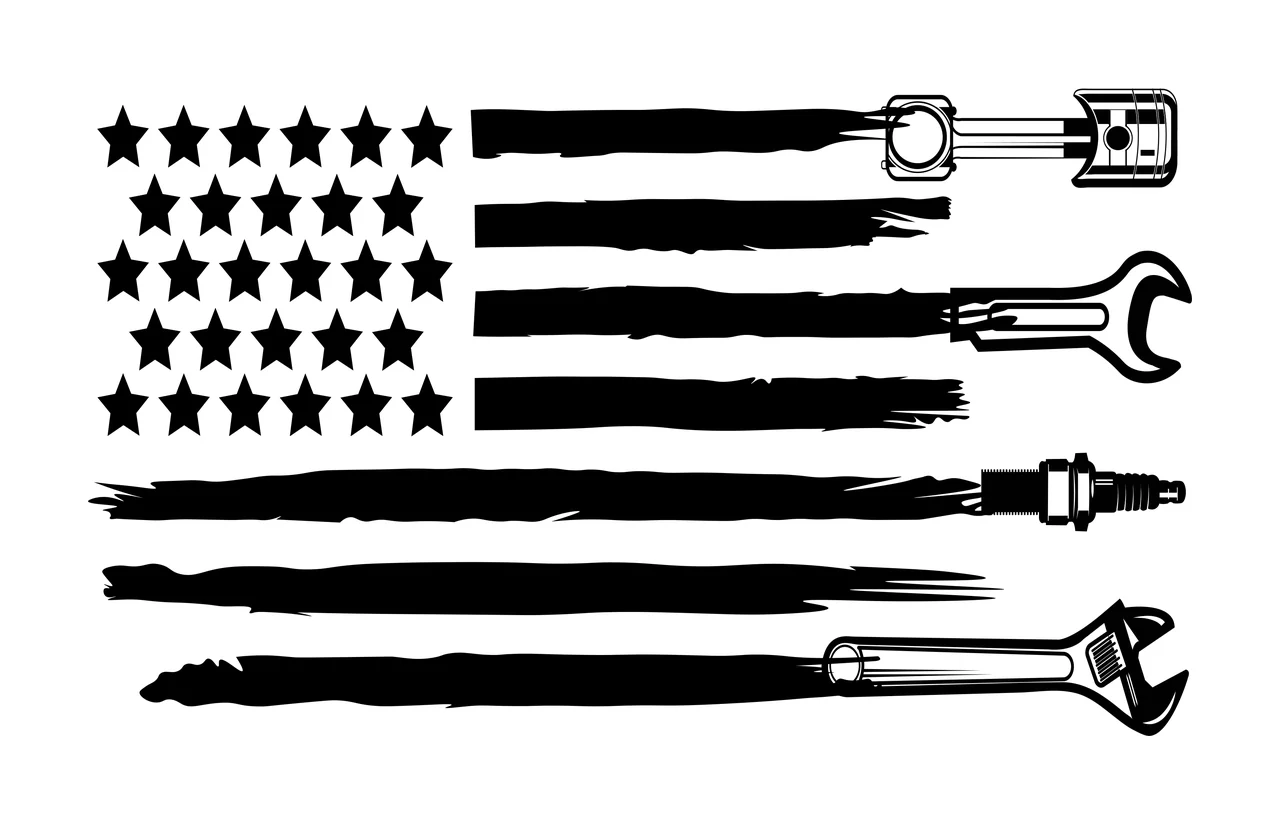 Flag Composed Of Automotive Tools waving stars wrench spark plug