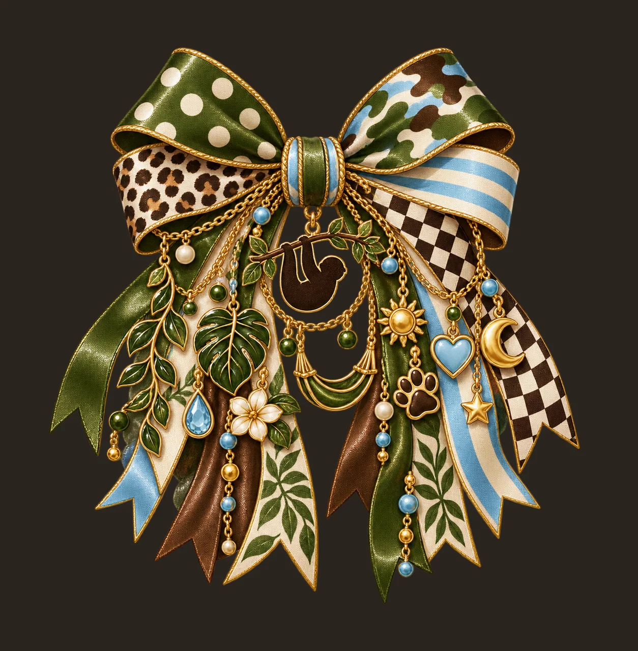Sloth Lover Bow Charm PNG, Themed Gold Chain Charms, Coquette Ribbon Sublimation Design, Transparent Digital Download contrast preview thumbnail