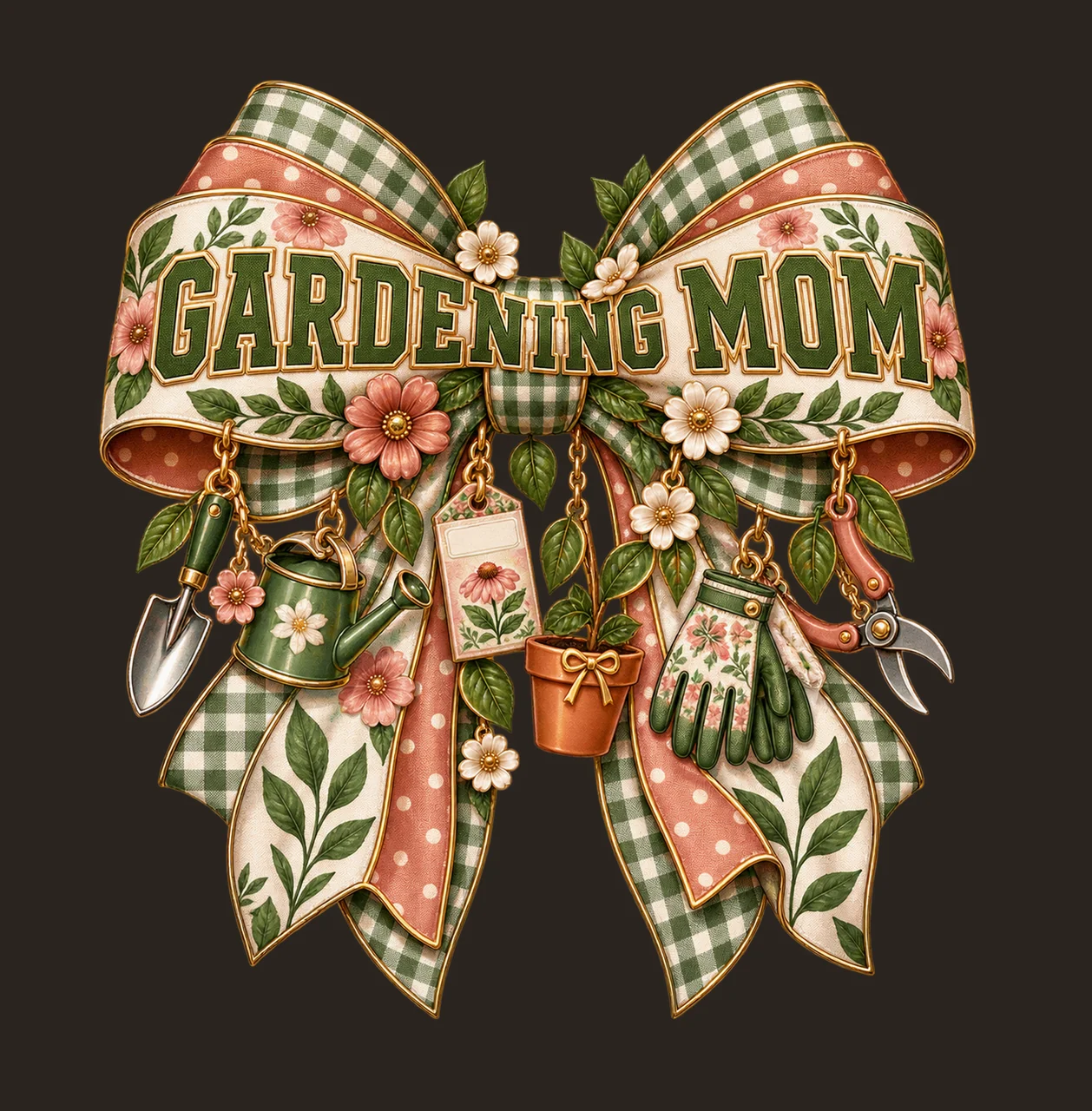 Gardening Mom Bow Charm PNG, Patterned Varsity Mom Ribbon Clipart, Transparent Sublimation Digital Download contrast preview thumbnail