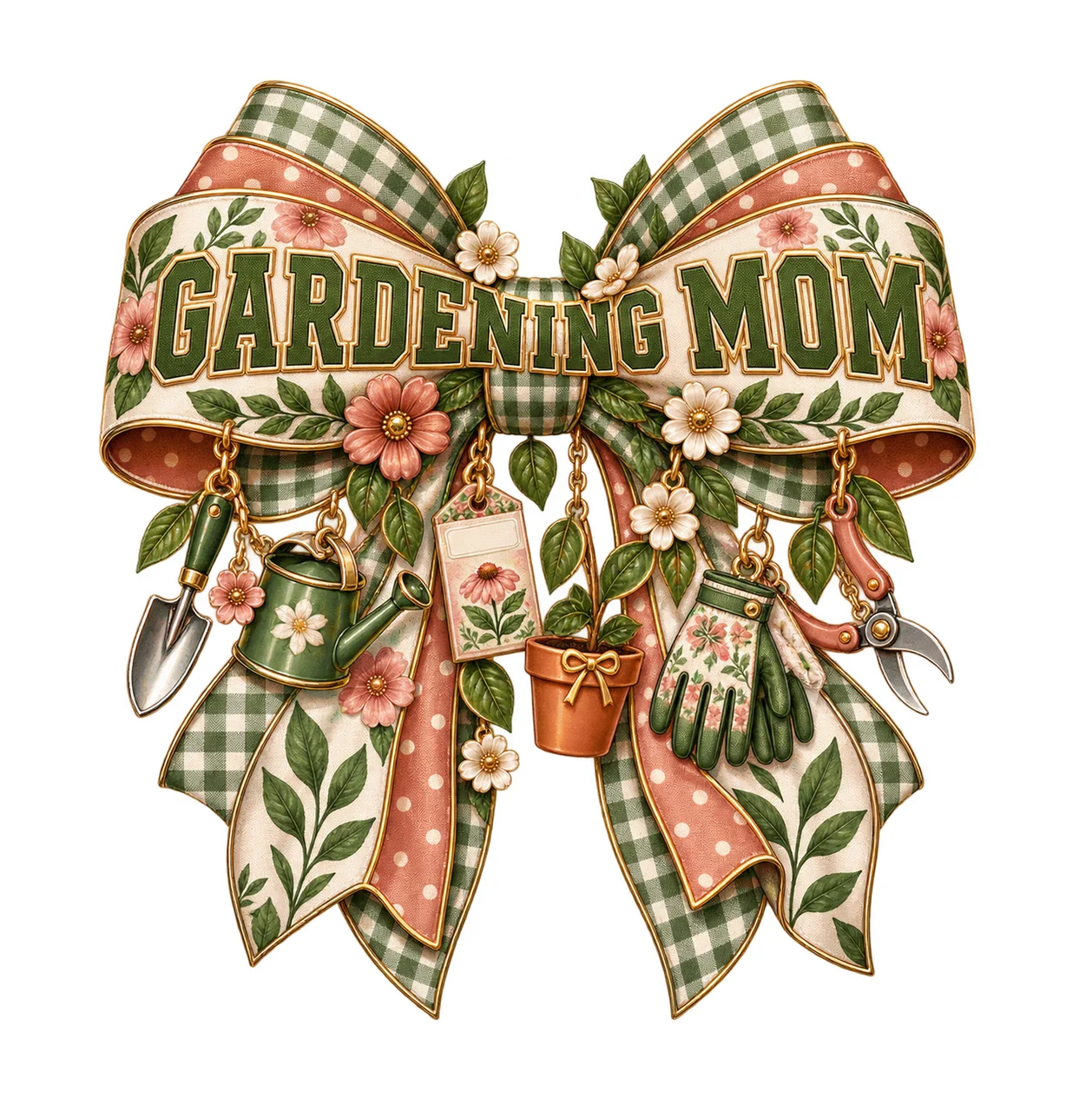 Gardening Mom Bow Charm PNG, Patterned Varsity Mom Ribbon Clipart, Transparent Sublimation Digital Download