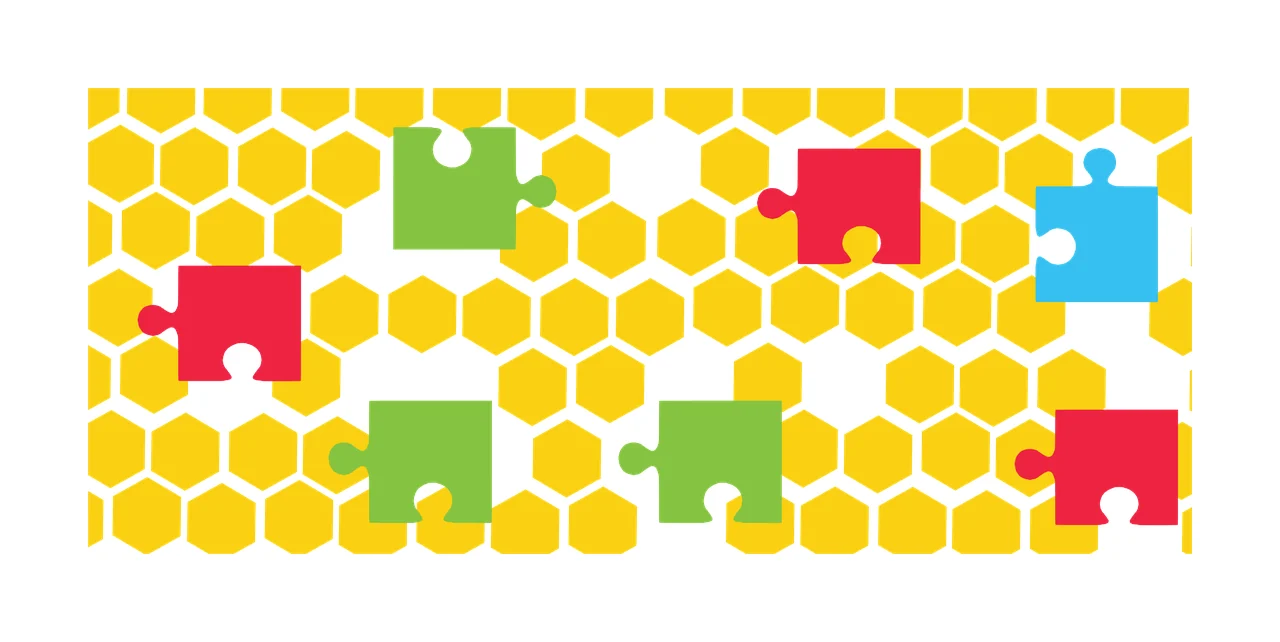 Puzzle pieces on honeycomb pattern Illustration with yellow hexagon background, red puzzle piece, green puzzle piece and blue puzzle piece