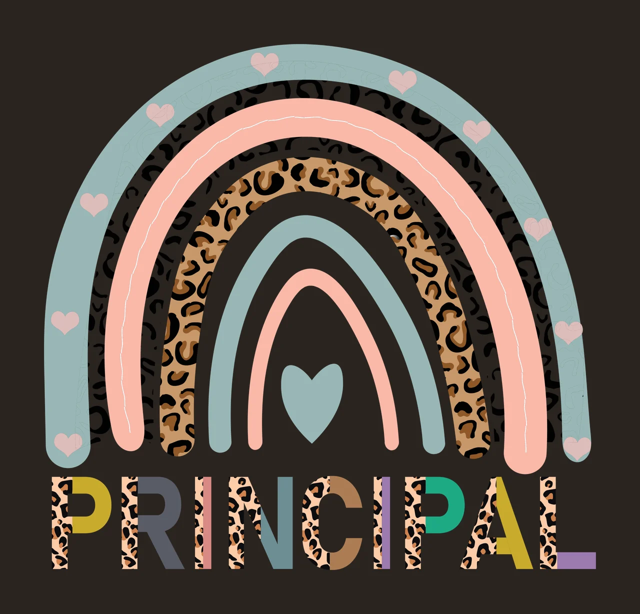 PRINCIPAL boho rainbow Design with rainbow arches, leopard print, hearts and lettering in teal, peach and tan contrast preview thumbnail