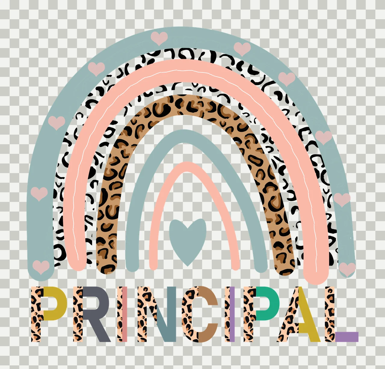 PRINCIPAL boho rainbow Design with rainbow arches, leopard print, hearts and lettering in teal, peach and tan transparency and detail preview thumbnail