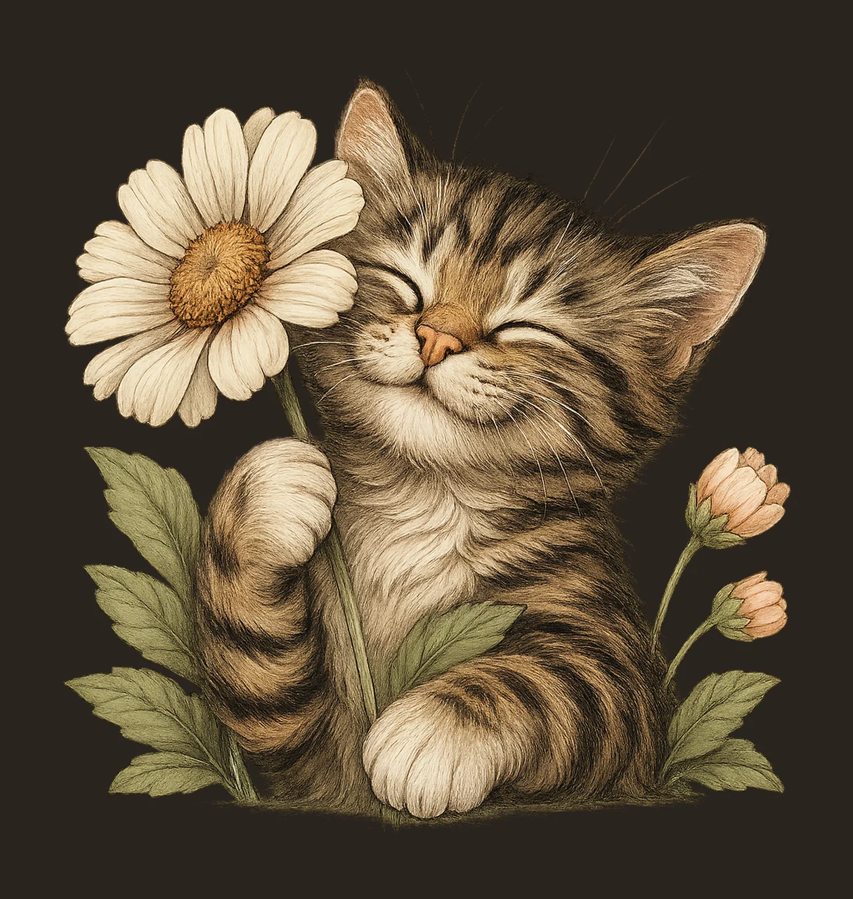Floral Cat Artwork Cute Kitten with Flowers Nursery Art Pet contrast preview thumbnail