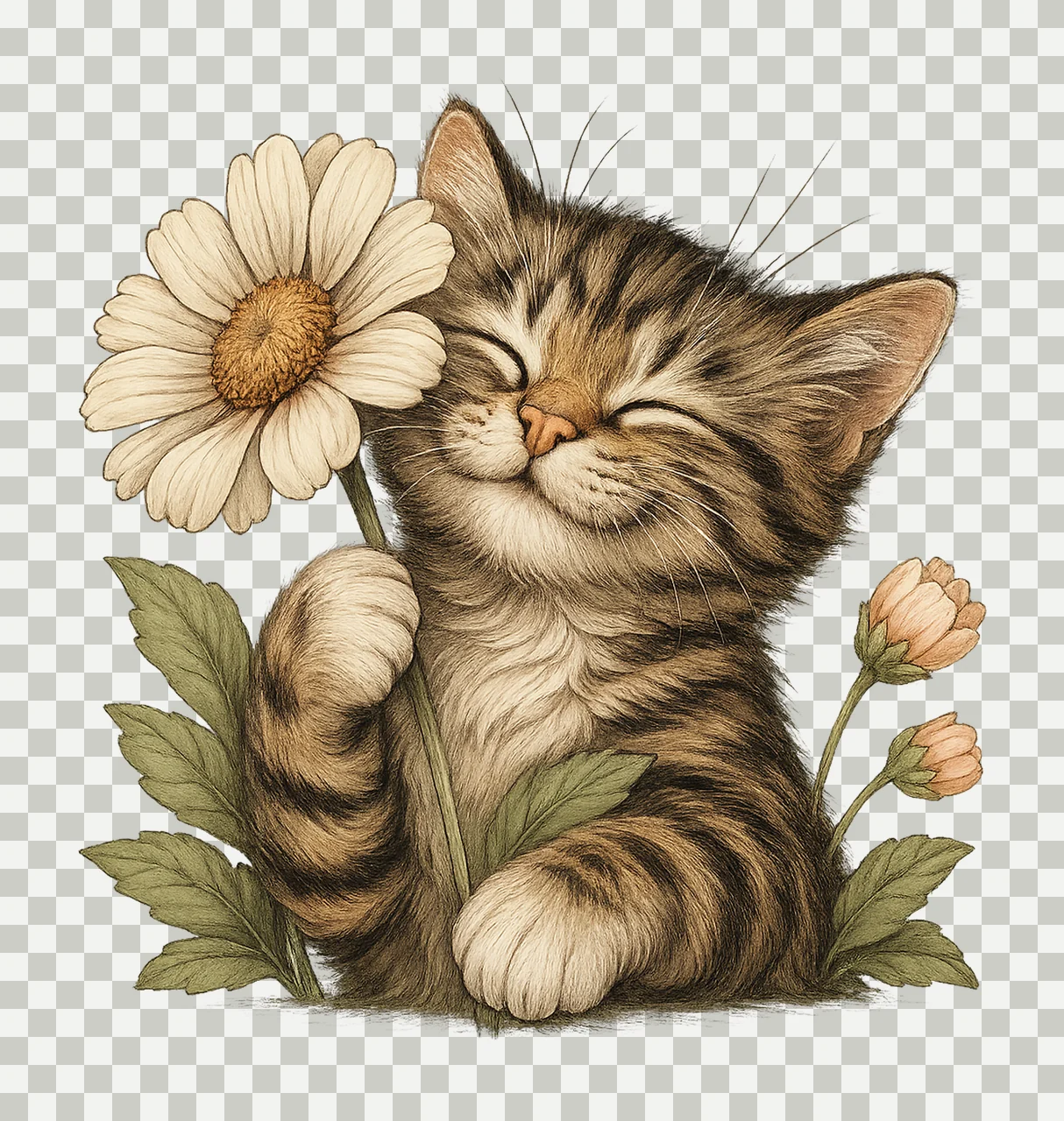 Floral Cat Artwork Cute Kitten with Flowers Nursery Art Pet transparency and detail preview thumbnail