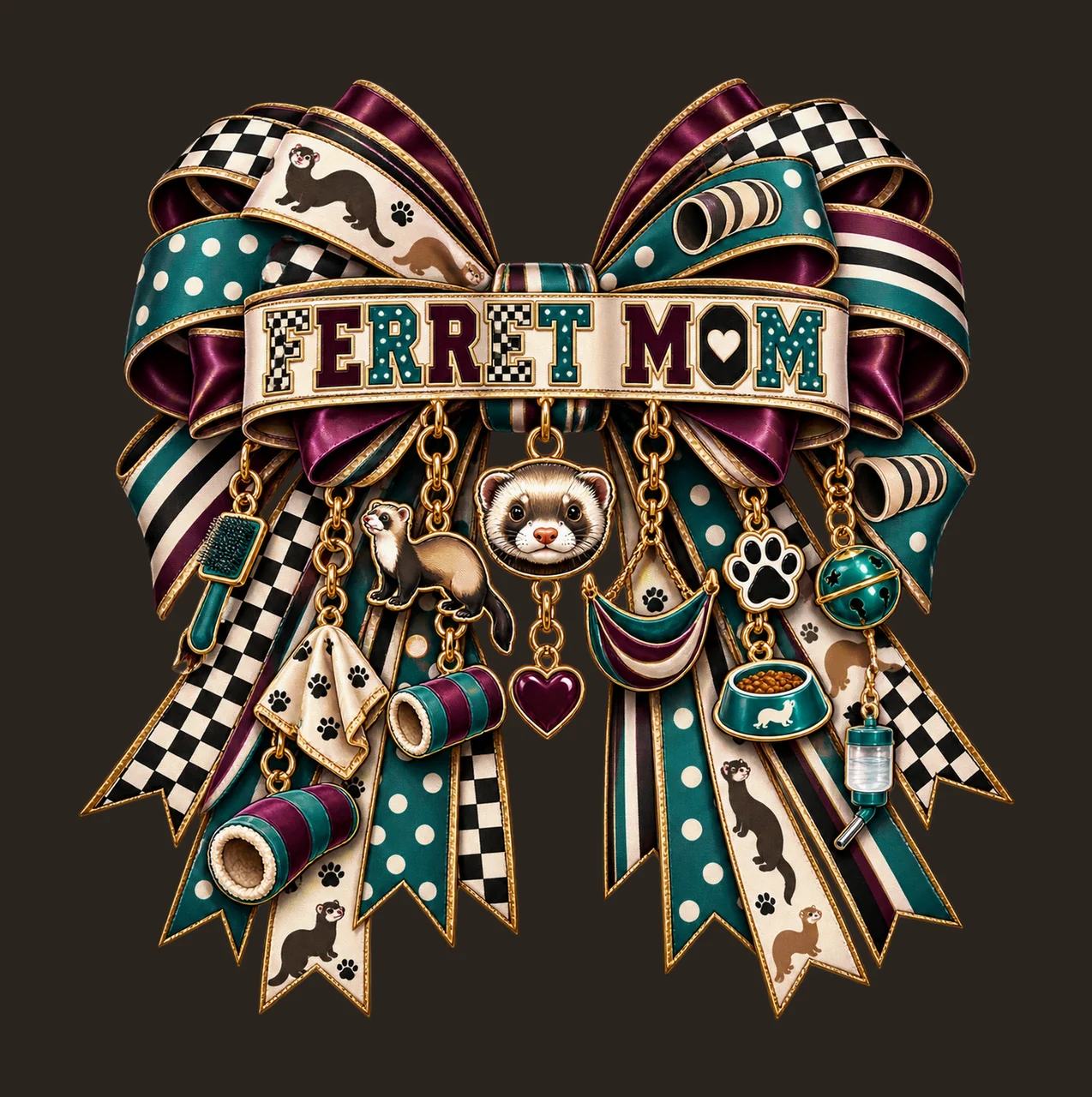 Ferret Mom Bow Charm PNG, Patterned Varsity Mom Ribbon Clipart, Transparent Sublimation Digital Download contrast preview thumbnail