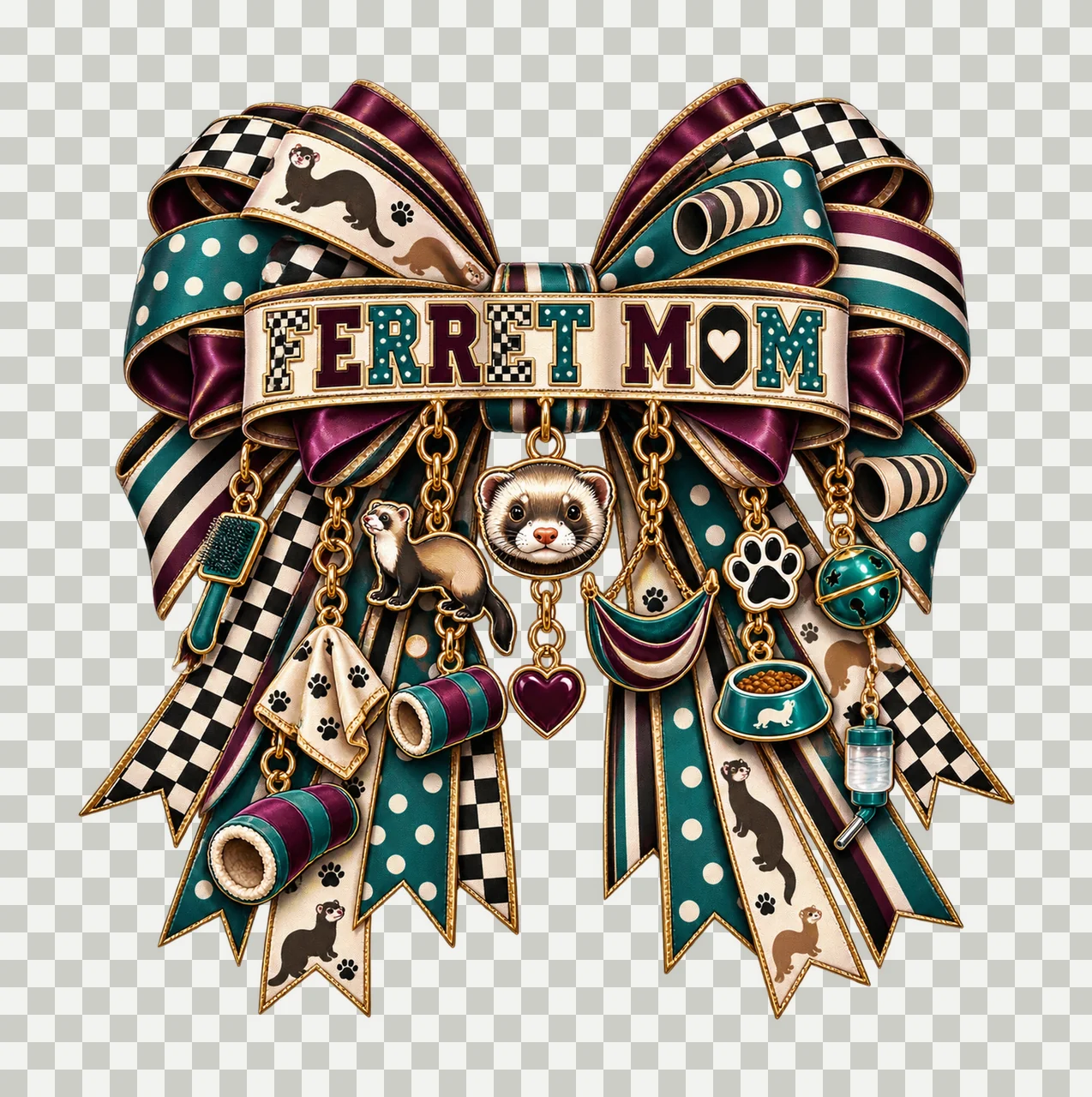 Ferret Mom Bow Charm PNG, Patterned Varsity Mom Ribbon Clipart, Transparent Sublimation Digital Download transparency and detail preview thumbnail