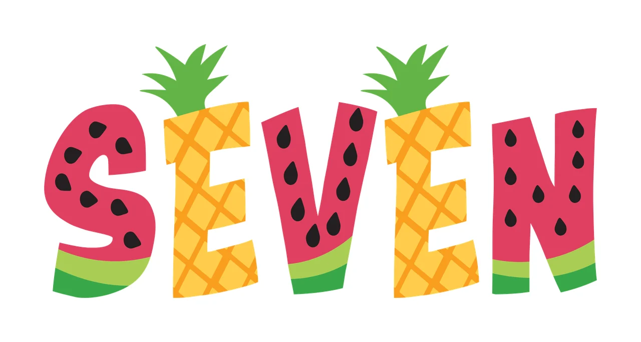 SEVEN tropical fruit typography with watermelon pattern, pineapple pattern, black seeds and green leaves in pink and yellow