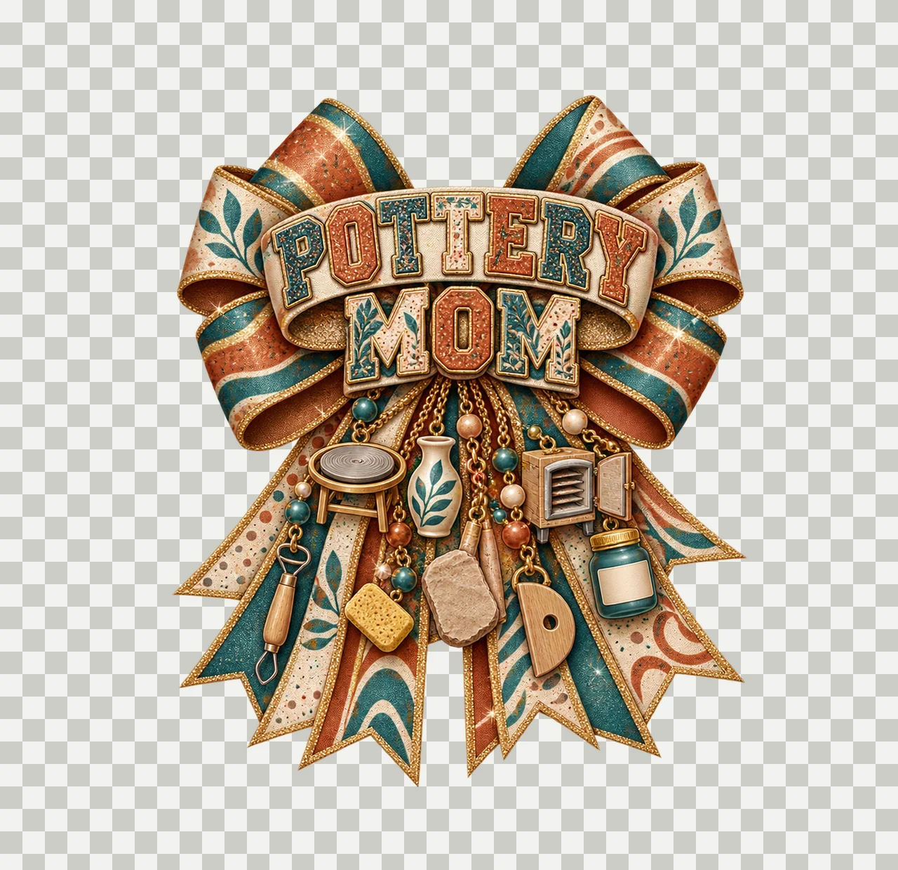 Pottery Mom Bow Charm PNG, Patterned Varsity Mom Ribbon Clipart, Transparent Sublimation Digital Download transparency and detail preview thumbnail