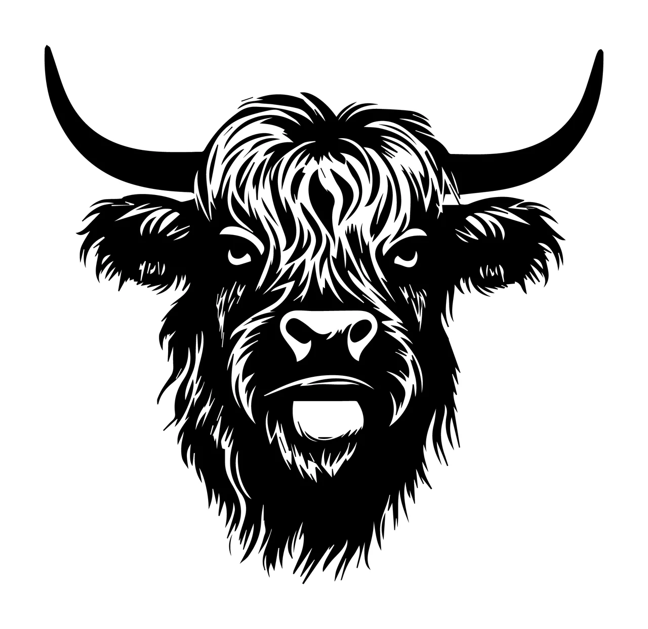 Hairy Bull Head Black Silhouette staring horn fur white animal