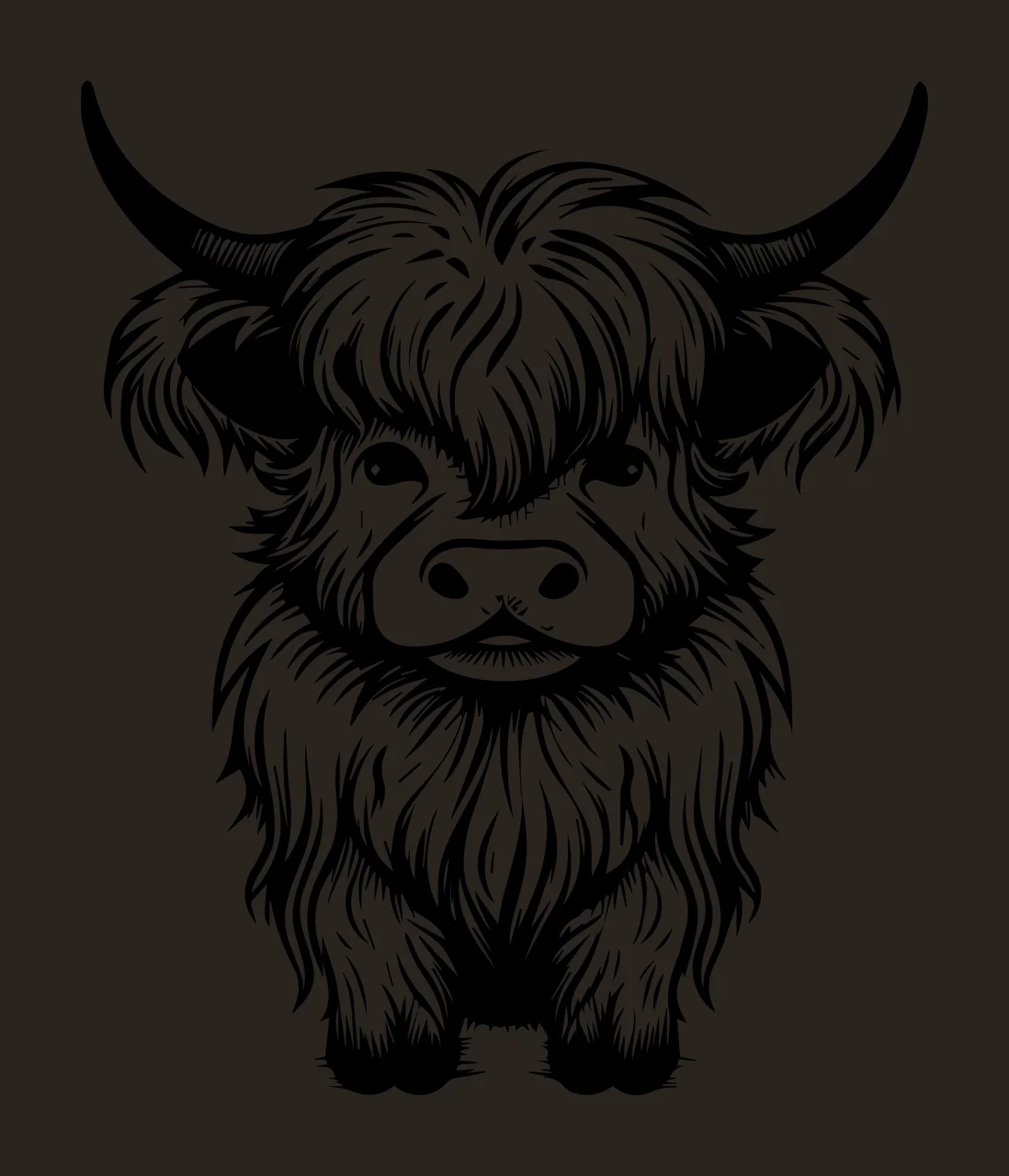 Cow Highland Head Facing Front horns fur line art black animal contrast preview thumbnail