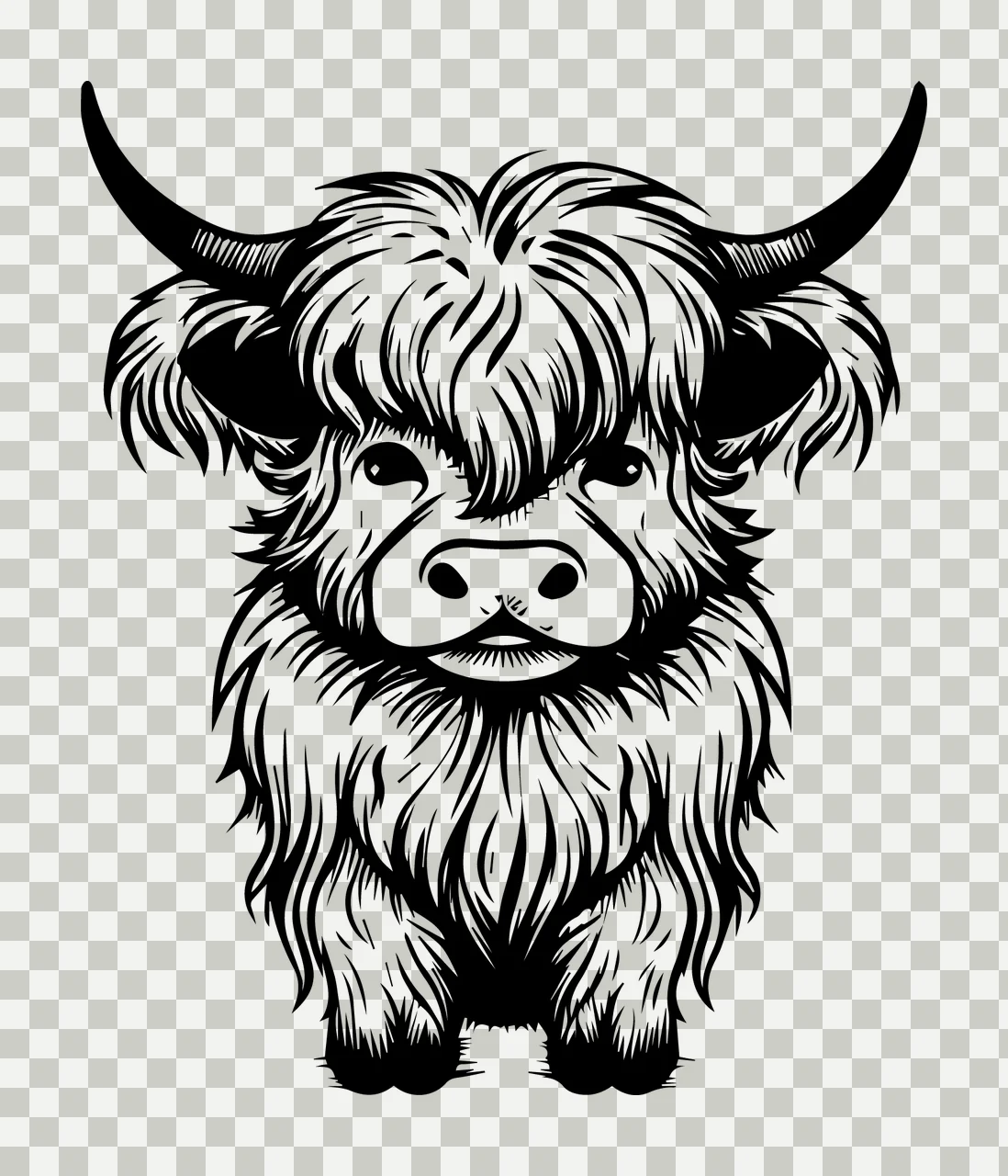 Cow Highland Head Facing Front horns fur line art black animal transparency and detail preview thumbnail