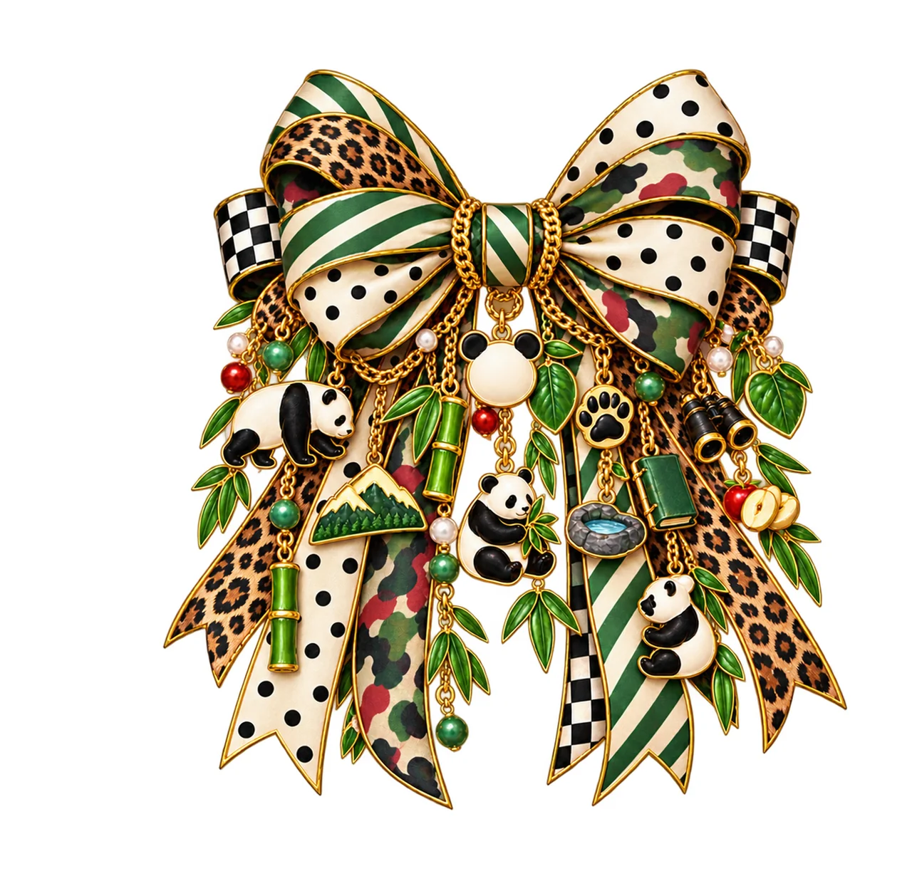 Panda Lover Bow Charm PNG, Themed Gold Chain Charms, Coquette Ribbon Sublimation Design, Transparent Digital Download