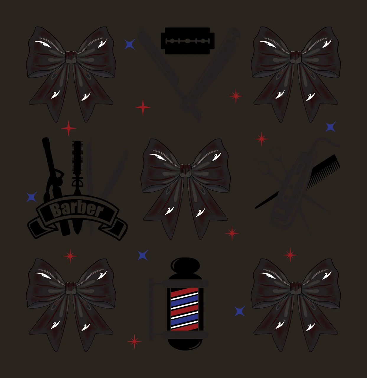 Barber Tools And Decorative Bows Arranged in a grid razor comb contrast preview thumbnail
