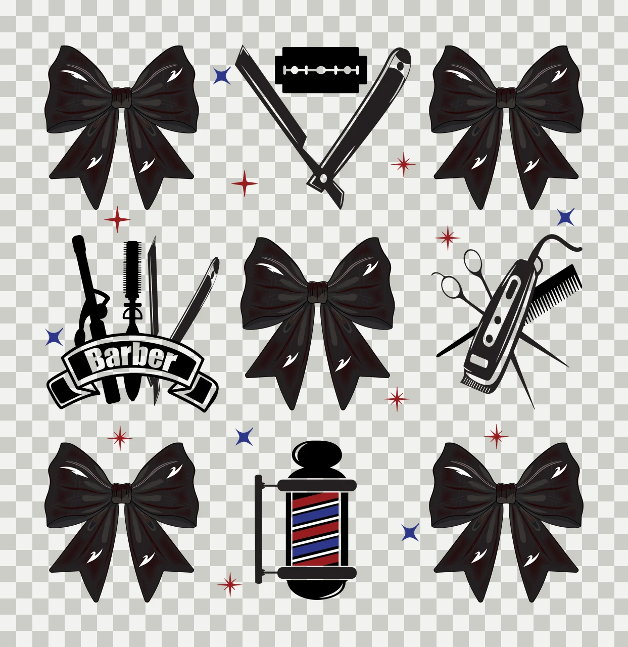 Barber Tools And Decorative Bows Arranged in a grid razor comb transparency and detail preview thumbnail