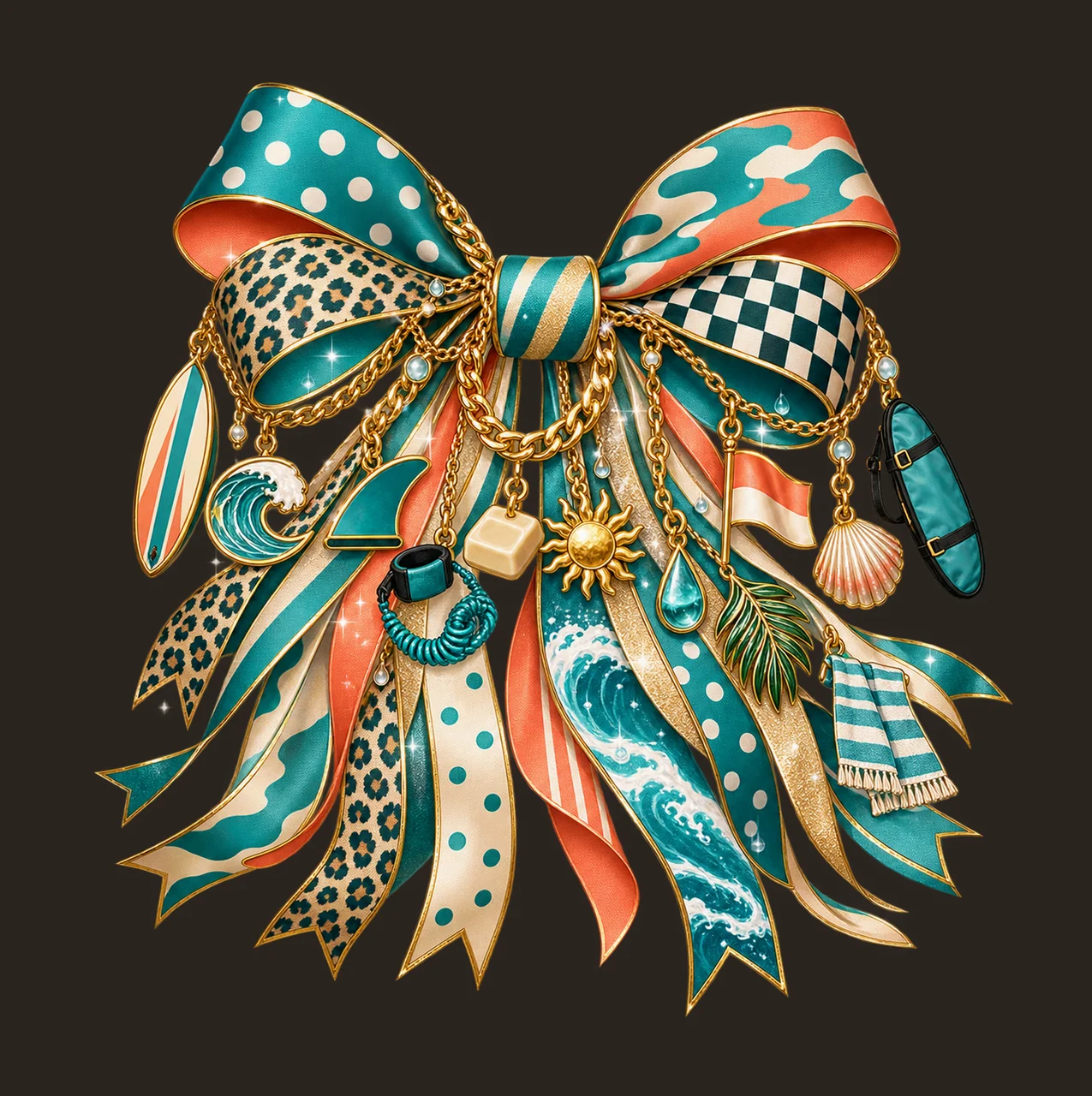 Surfing Lover Bow Charm PNG, Themed Gold Chain Charms, Coquette Ribbon Sublimation Design, Transparent Digital Download contrast preview thumbnail