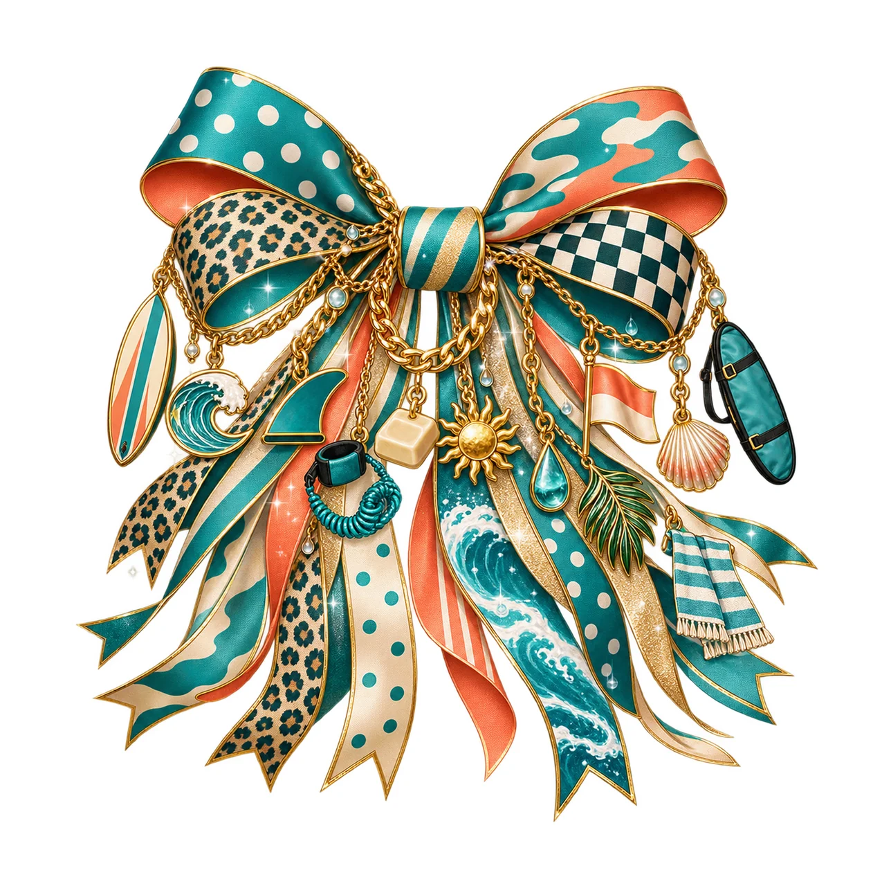 Surfing Lover Bow Charm PNG, Themed Gold Chain Charms, Coquette Ribbon Sublimation Design, Transparent Digital Download
