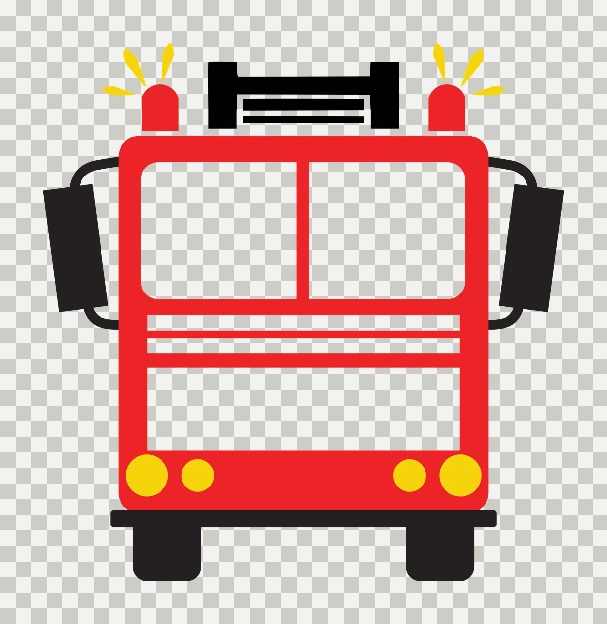Fire truck Illustration with windshield, red sirens, yellow headlights and side mirrors in black transparency and detail preview thumbnail