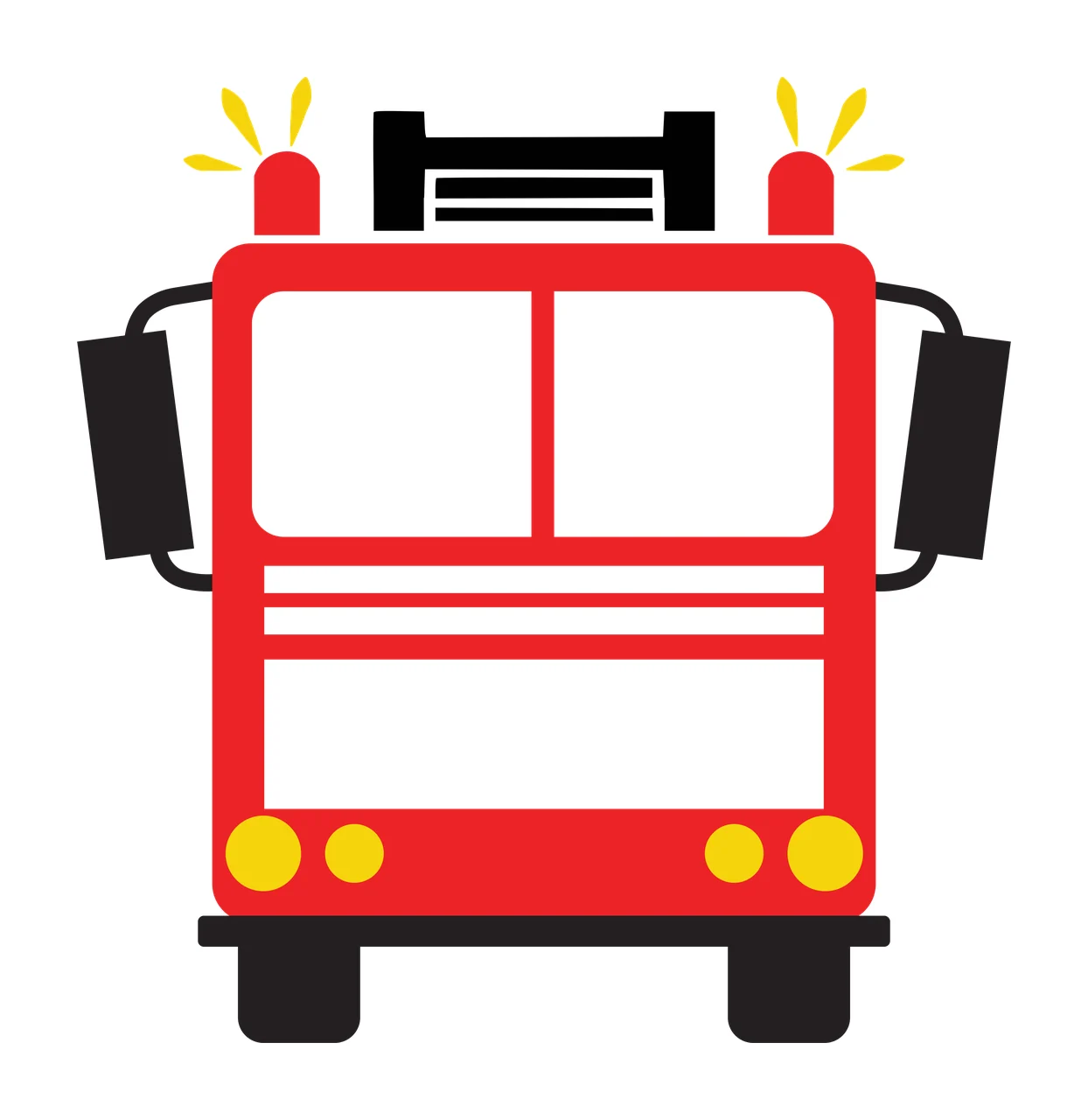 Fire truck Illustration with windshield, red sirens, yellow headlights and side mirrors in black